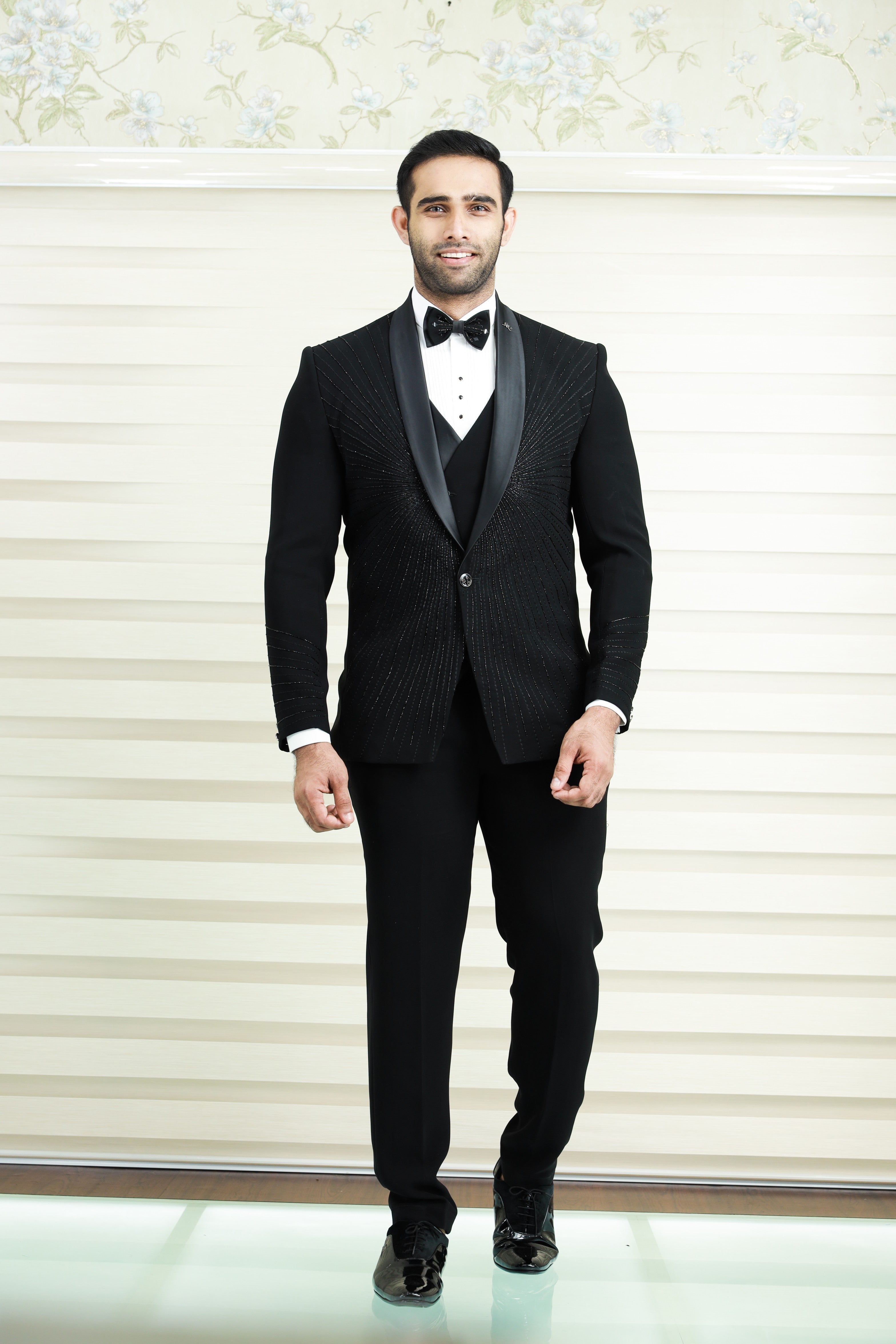 Ink Black 3 Piece Tuxedo Suit With Heavy Handwork Detailing