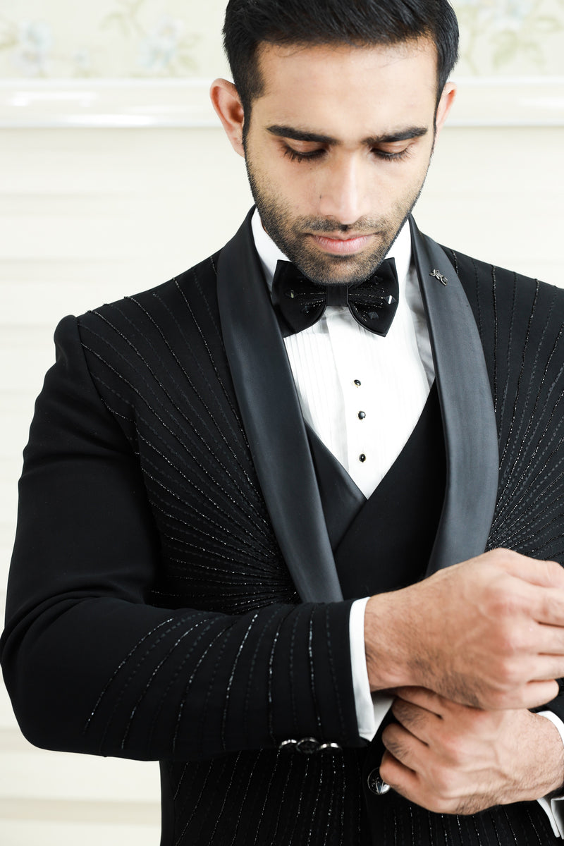 Ink Black 3 Piece Tuxedo Suit With Heavy Handwork Detailing