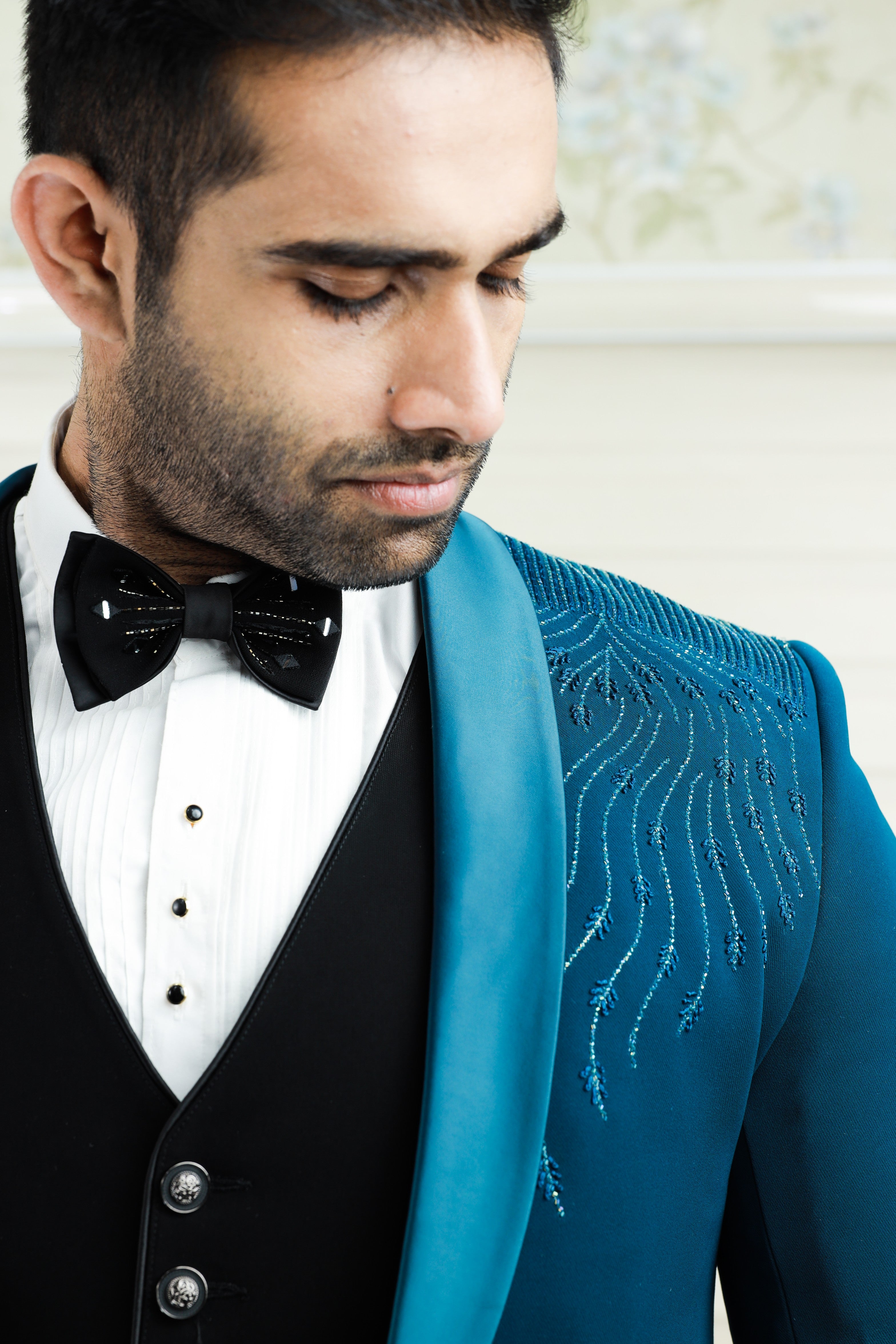 Teal Blue 3 Piece Tuxedo Suit detailied with Shoulder Embroidery paired with Contrast Black Waistcoat