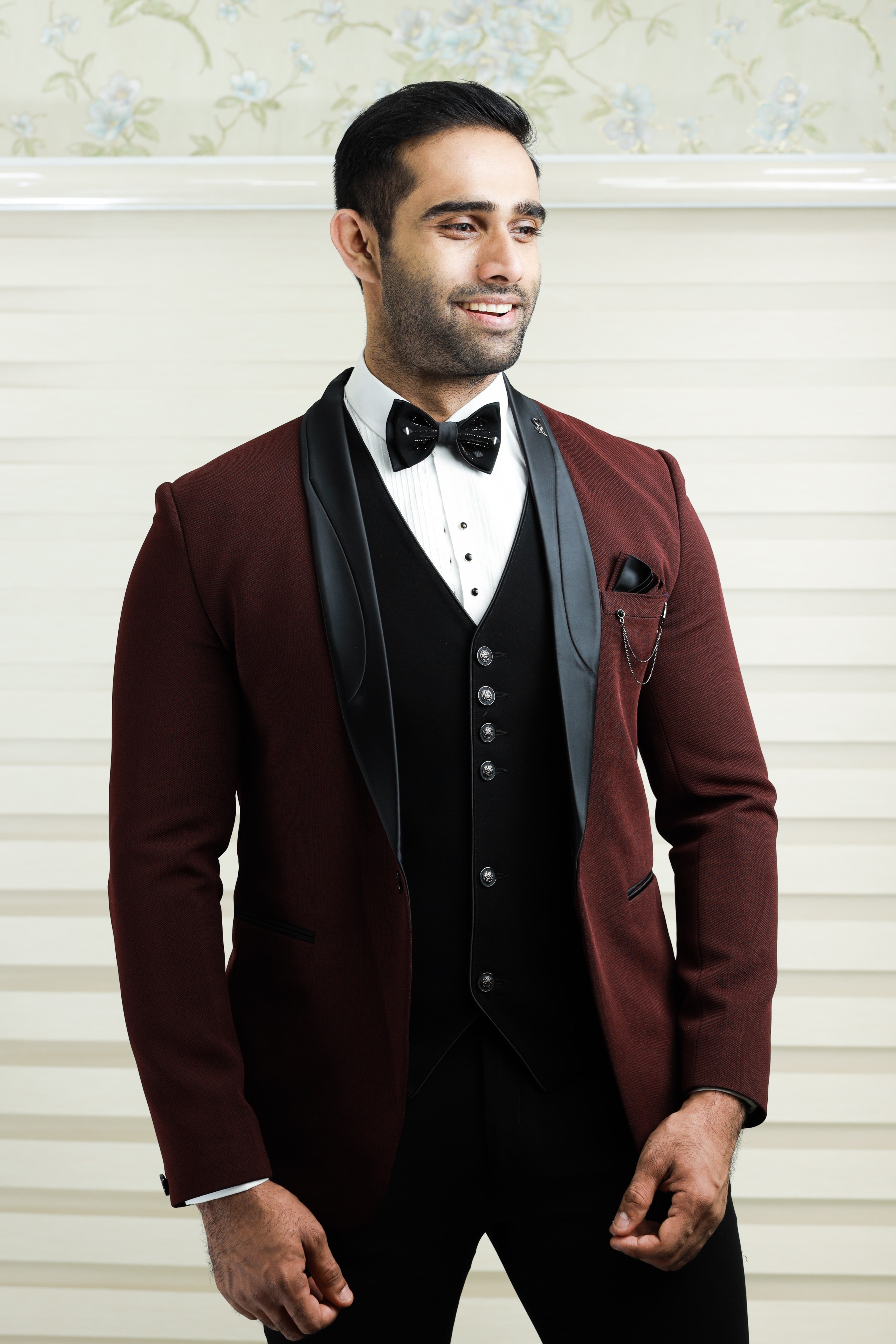 Maroon Red 3 Piece Tuxedo Suit with Black Contrast Waistcoat & Pants