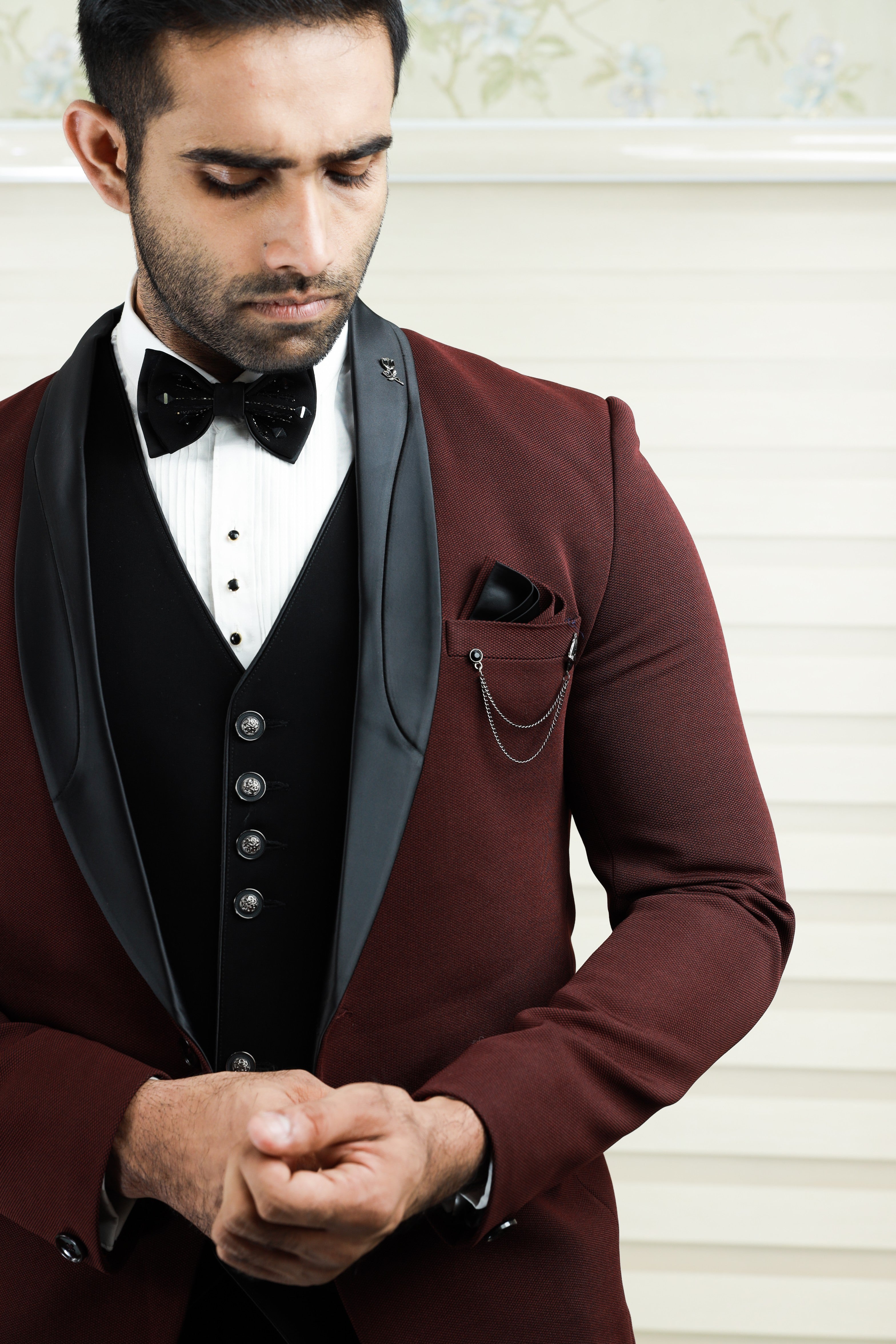 Maroon Red 3 Piece Tuxedo Suit with Black Contrast Waistcoat & Pants