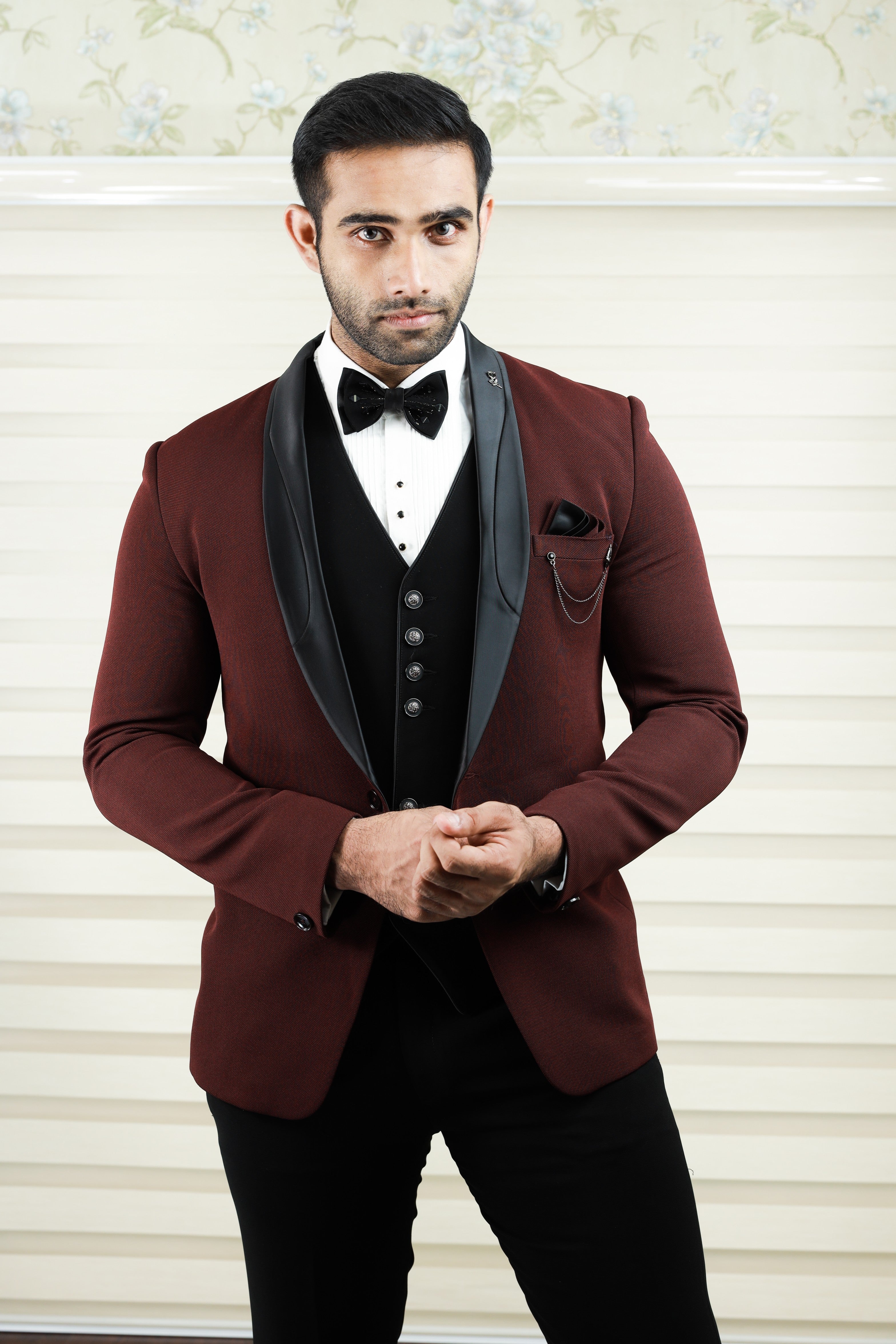 Maroon Red 3 Piece Tuxedo Suit with Black Contrast Waistcoat & Pants (Set of 4)