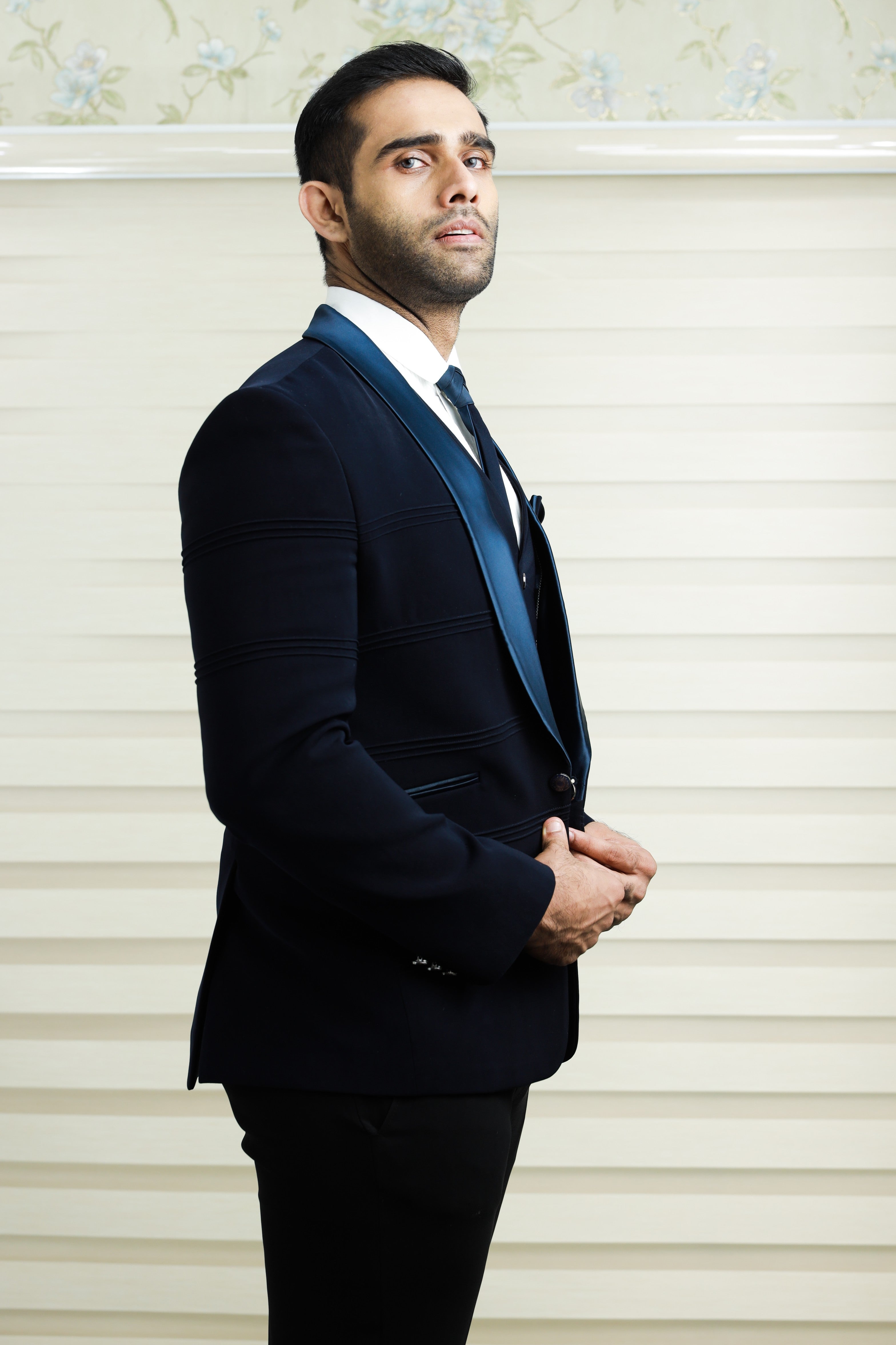 Prussian Blue 3 Piece Tuxedo Suit with Horizontal Tuck Detailing