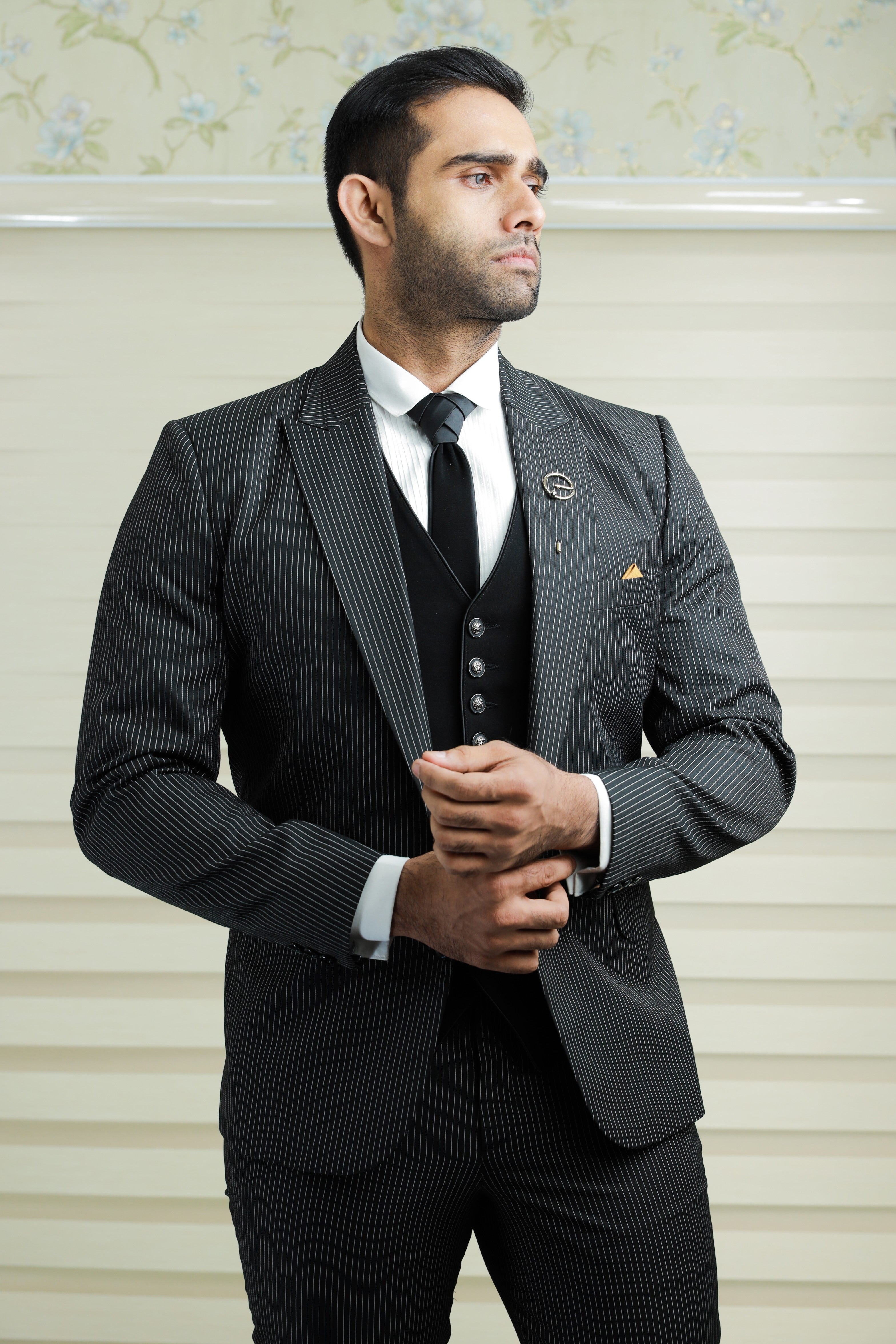 Pin Stripe Grey 3 Piece  Suit with  Black Contrast Waistcoat & Pants (Set of 4)