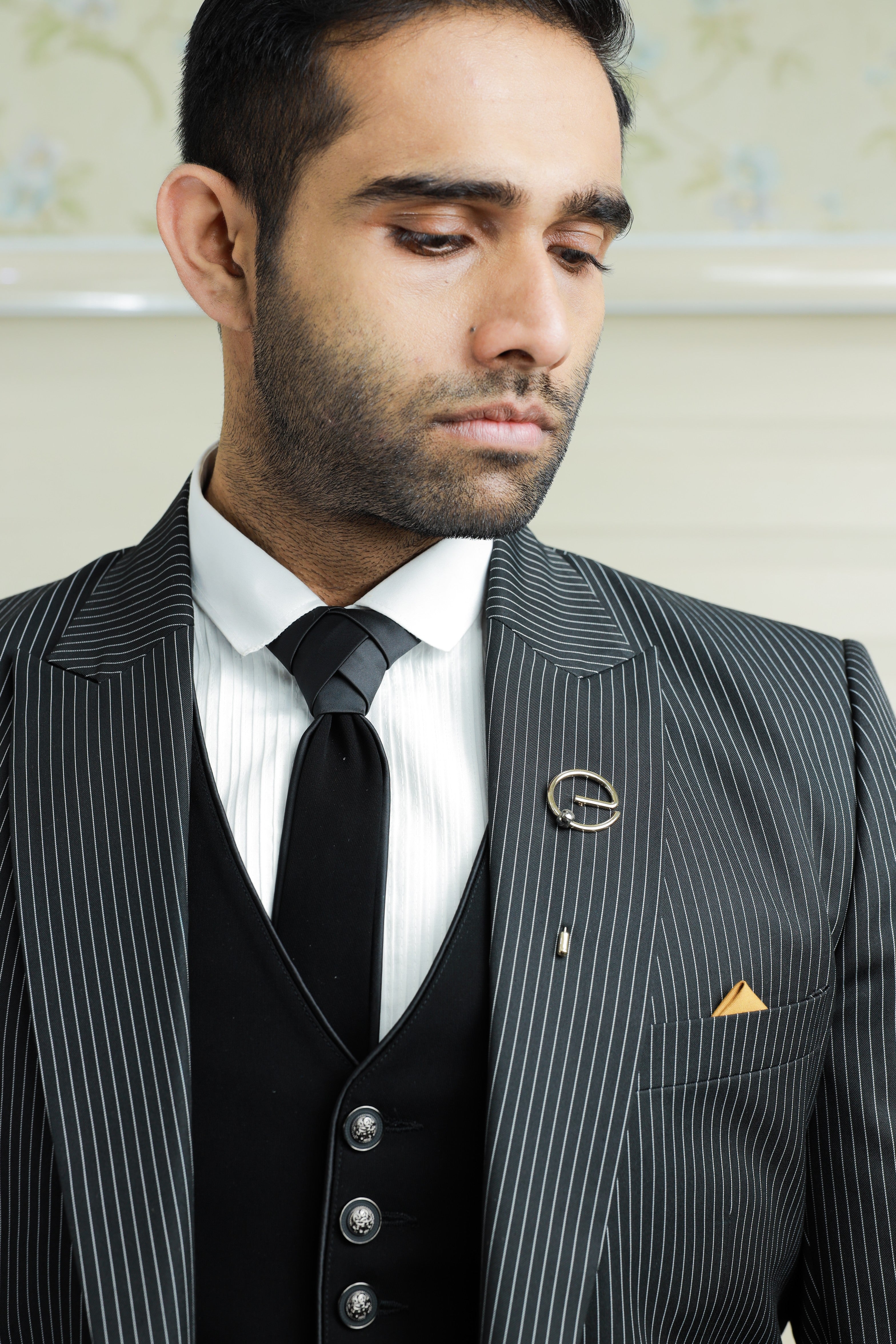 Pin Stripe Grey 3 Piece Suit with Black Contrast Waistcoat & Pants