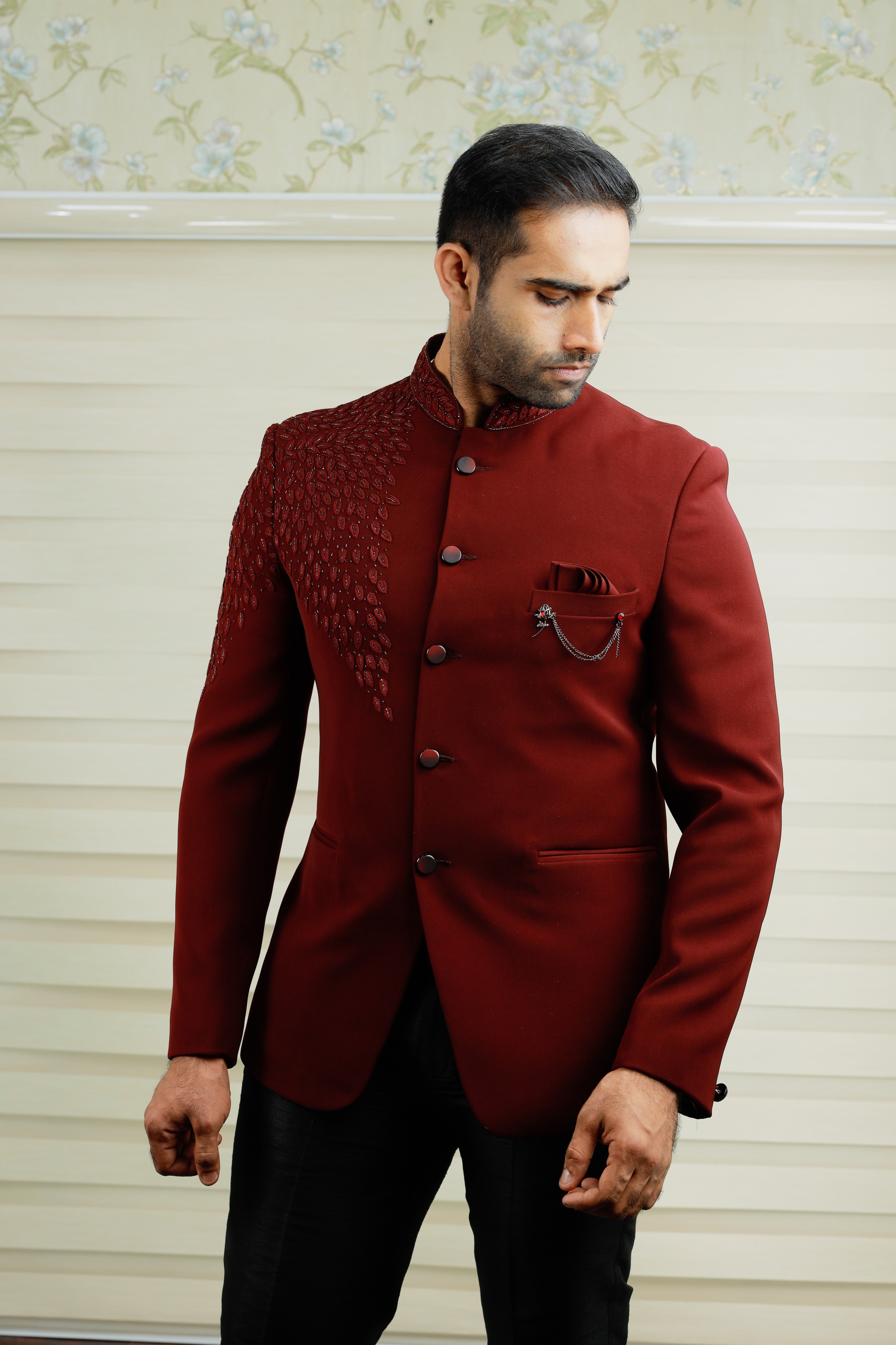Barn Red Indo Western Bandhgala Suit With Thread Handwork Detailing paired with Black Narrow Pants