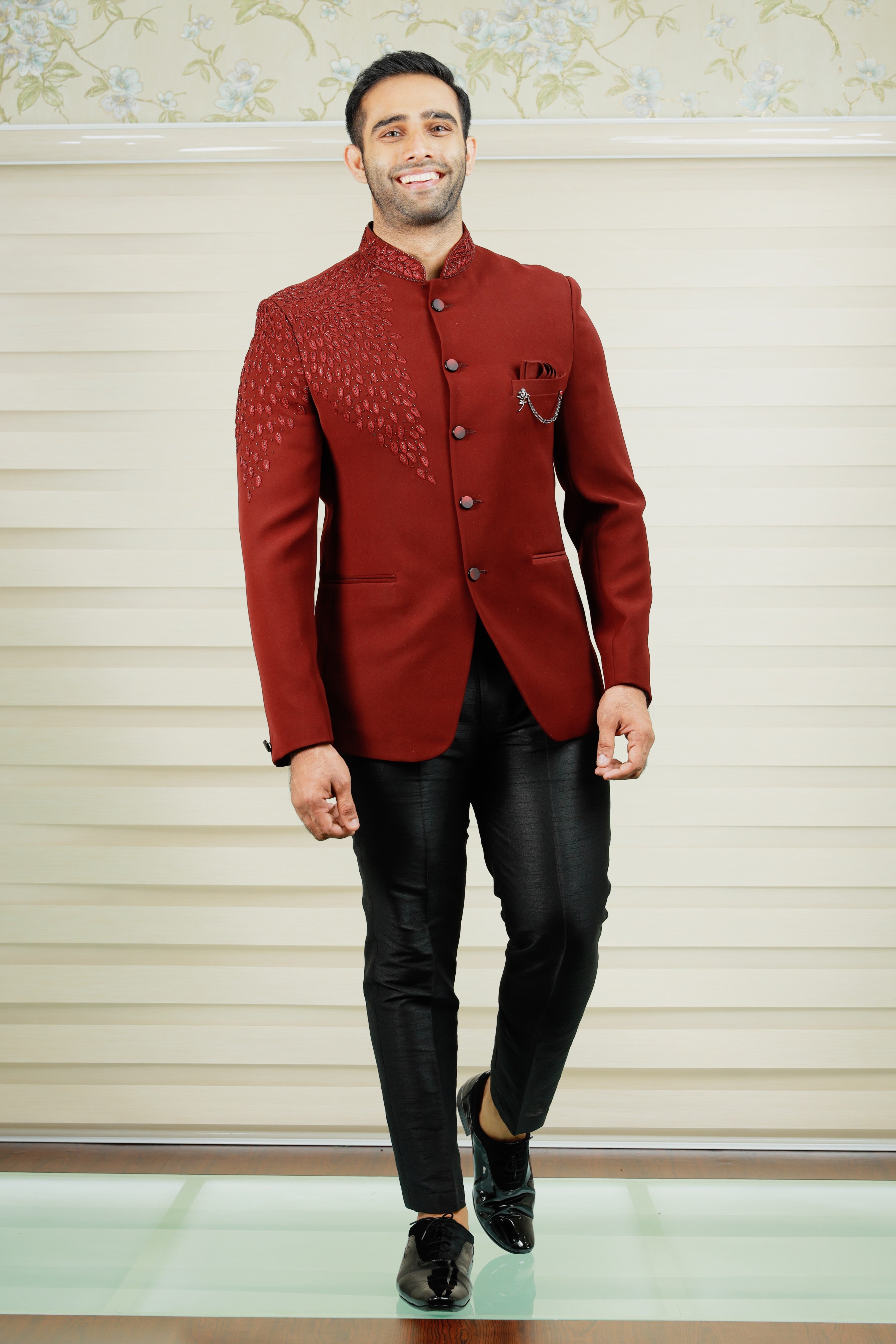 Barn Red Indo Western Bandhgala Suit With Thread Handwork Detailing paired with Black Narrow Pants