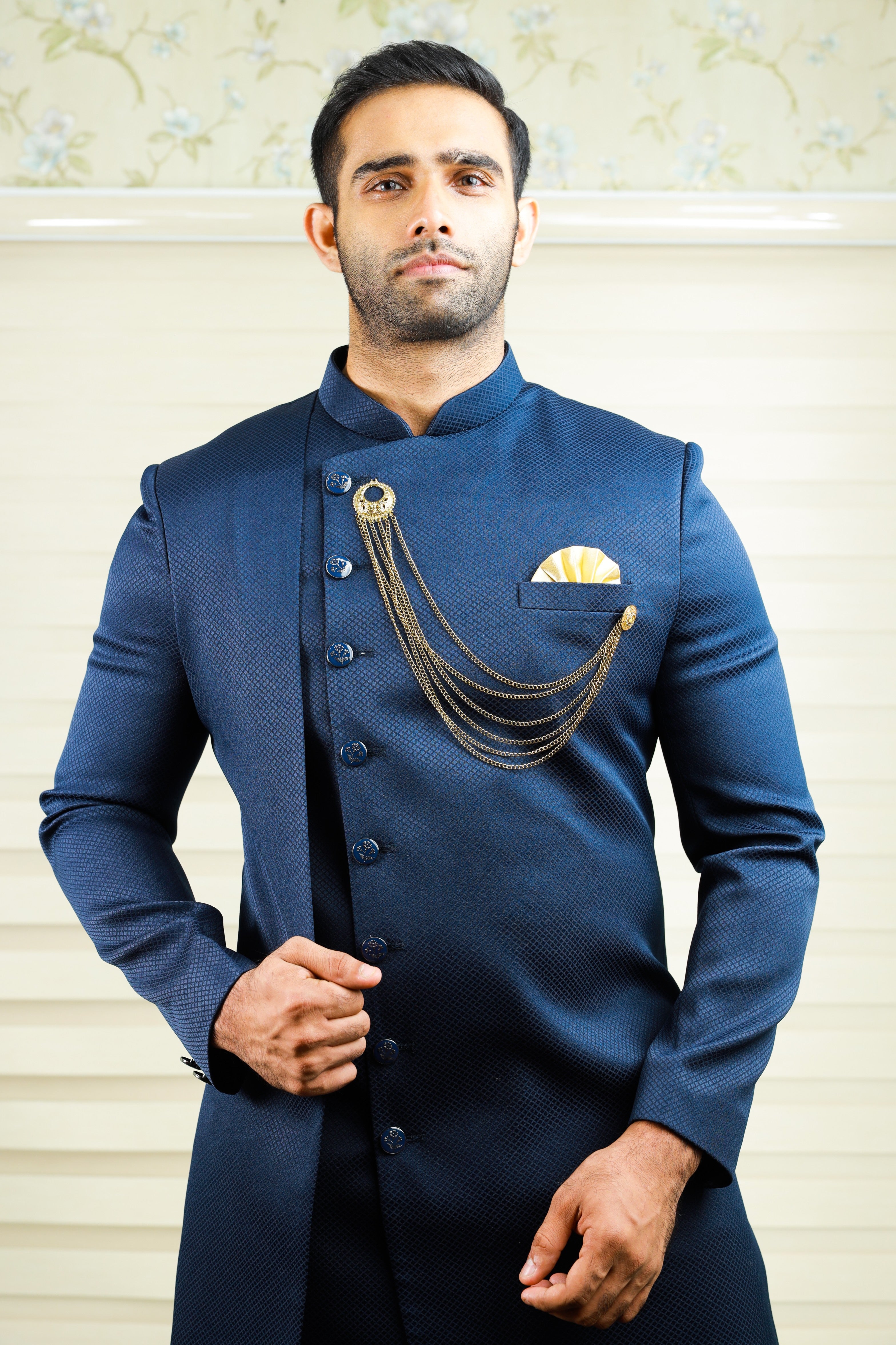 Prussian Blue Indo Western Side Open Achkan Suit with Black Narrow Pants