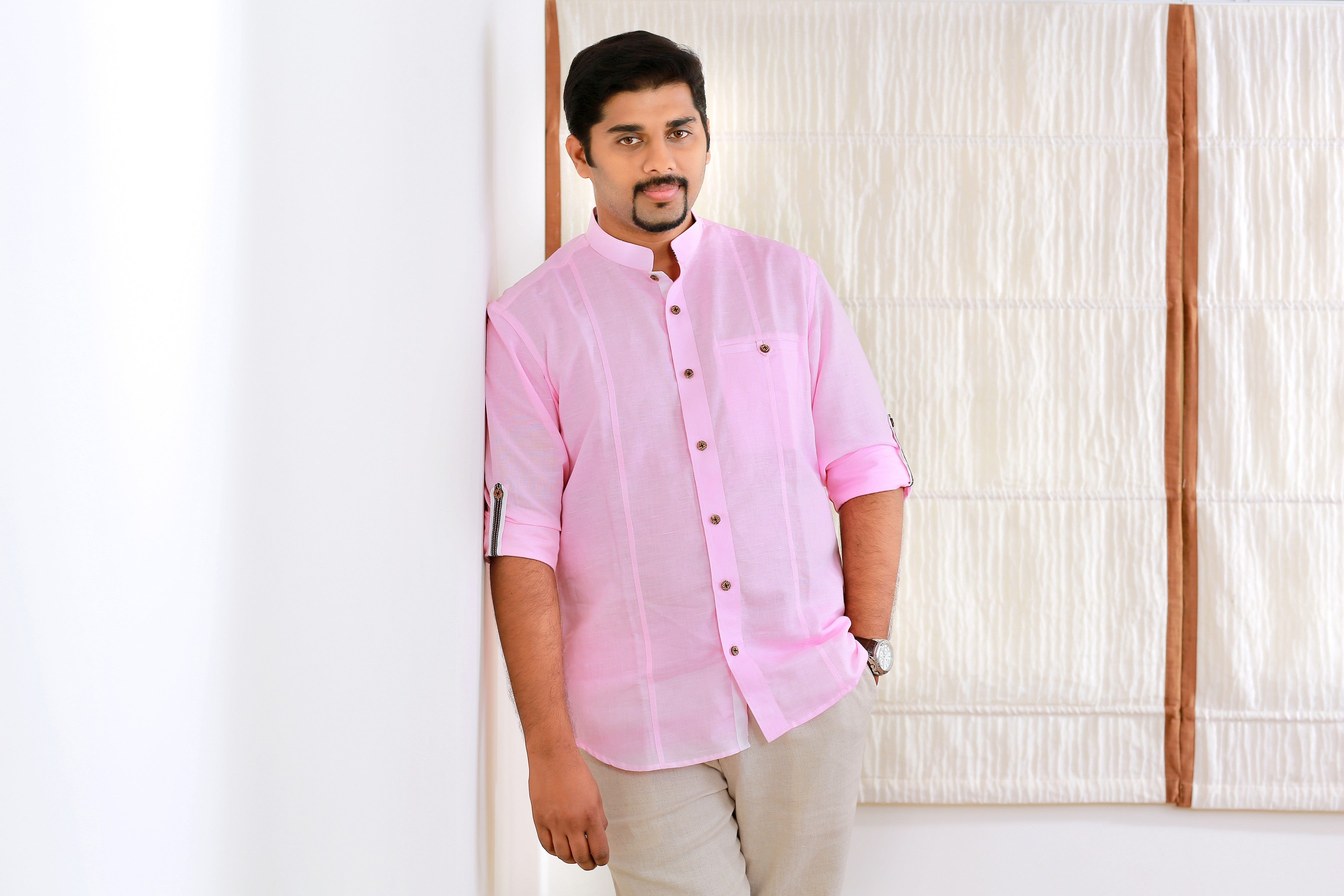 Powder Pink Linen Shirt with White Contrast Detailing on Neck & Sleeves