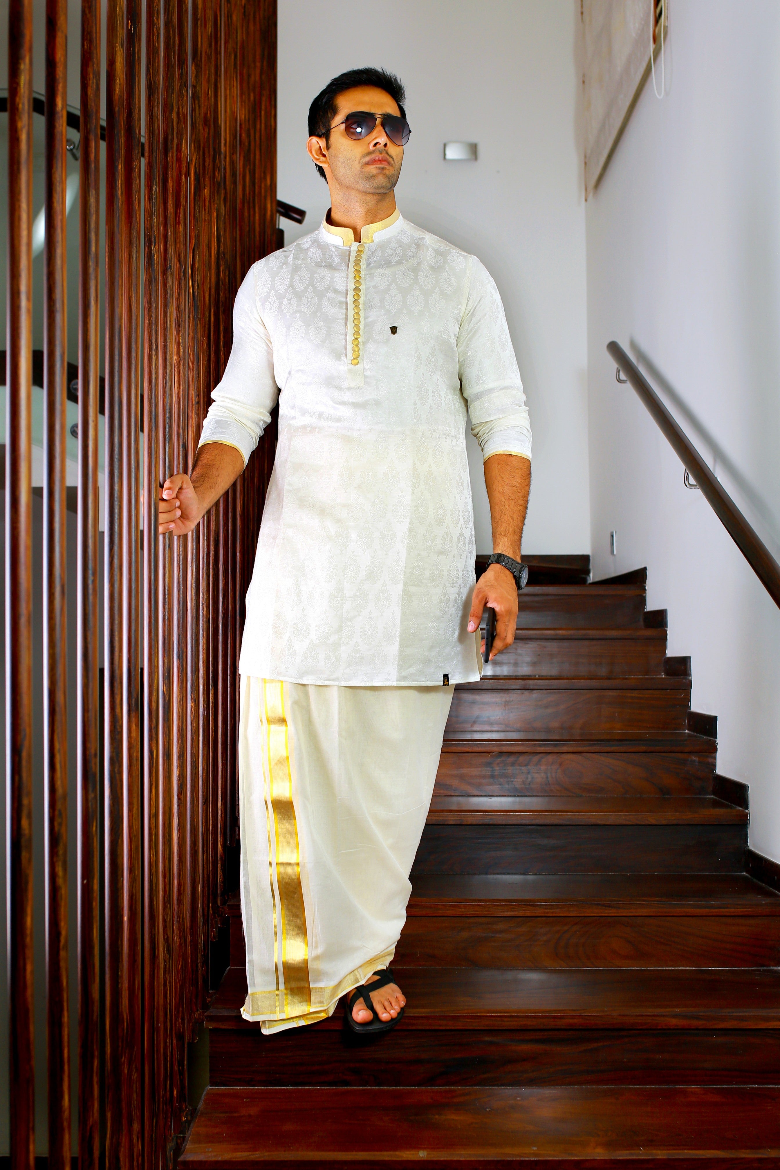 White Brocade Silk Kurta Golden Zari Detailing on Buttons, Neck & Sleeves (Only Kurta)
