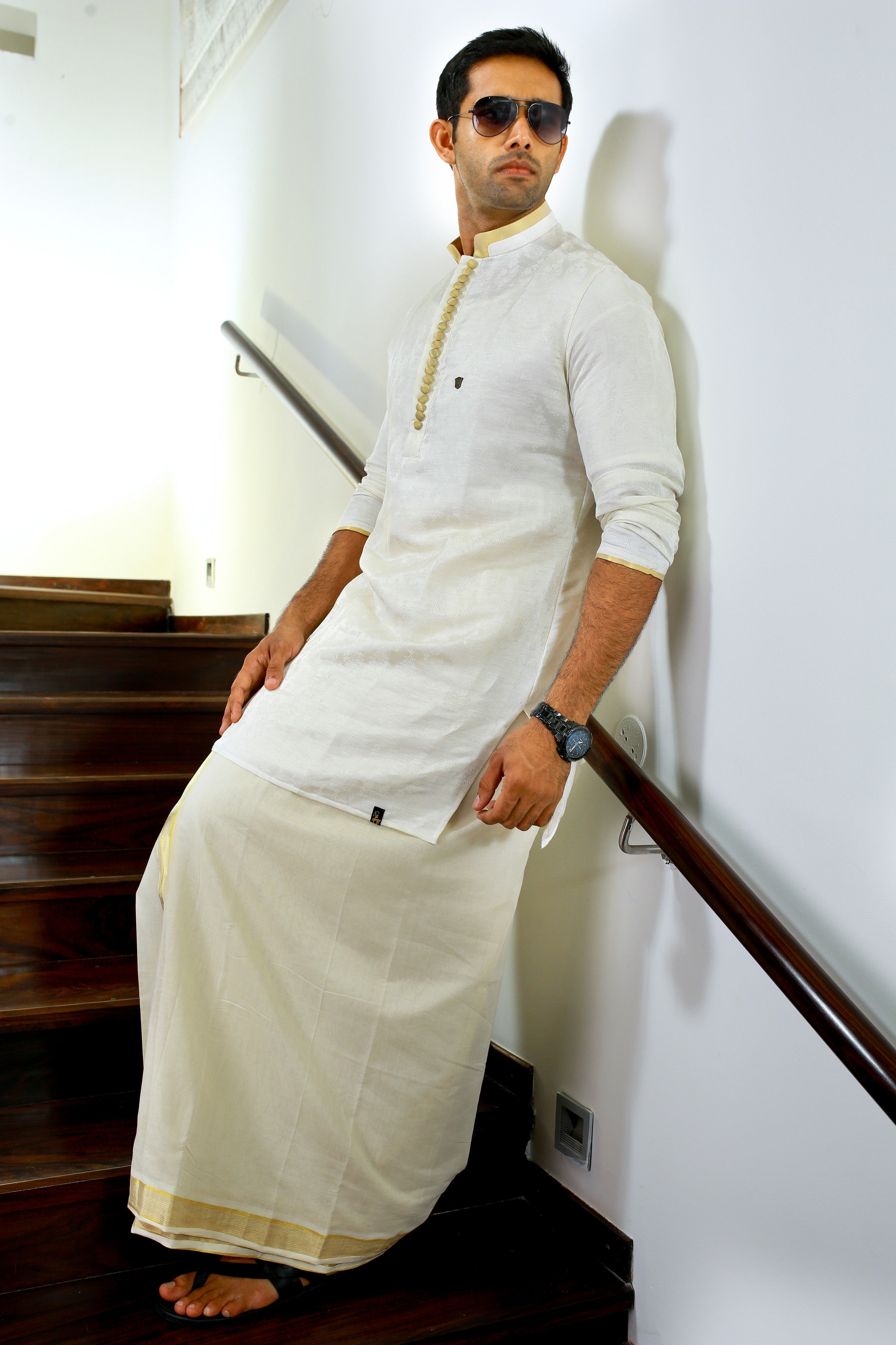 White Brocade Silk Kurta Golden Zari Detailing on Buttons, Neck & Sleeves (Only Kurta)