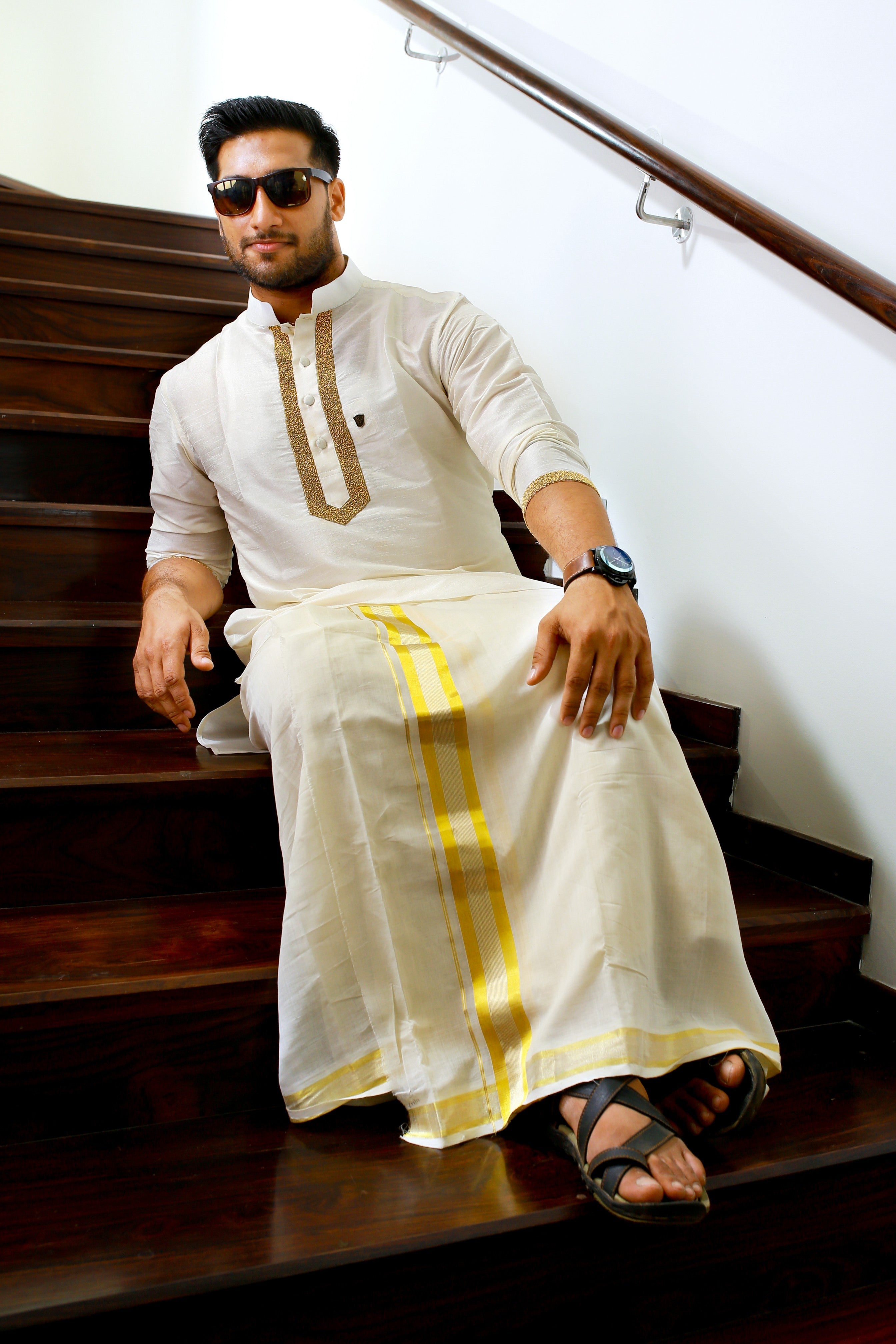 Off White Silk Kurta with Hand Work Detailing on Placket (Only Kurta)