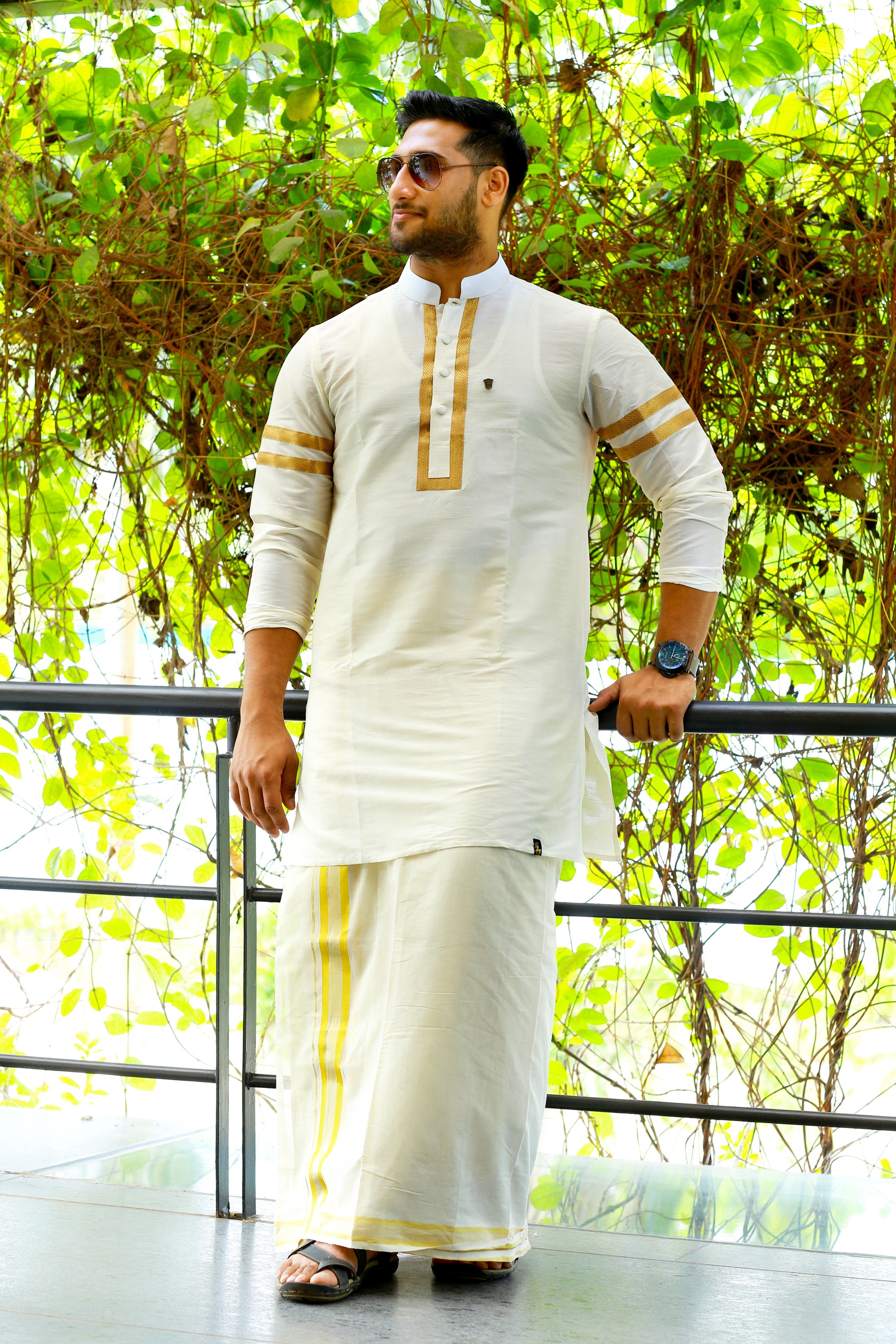 Off White Silk Kurta with Golden Zari Detailing on Placket & Sleeves  (Only Kurta)