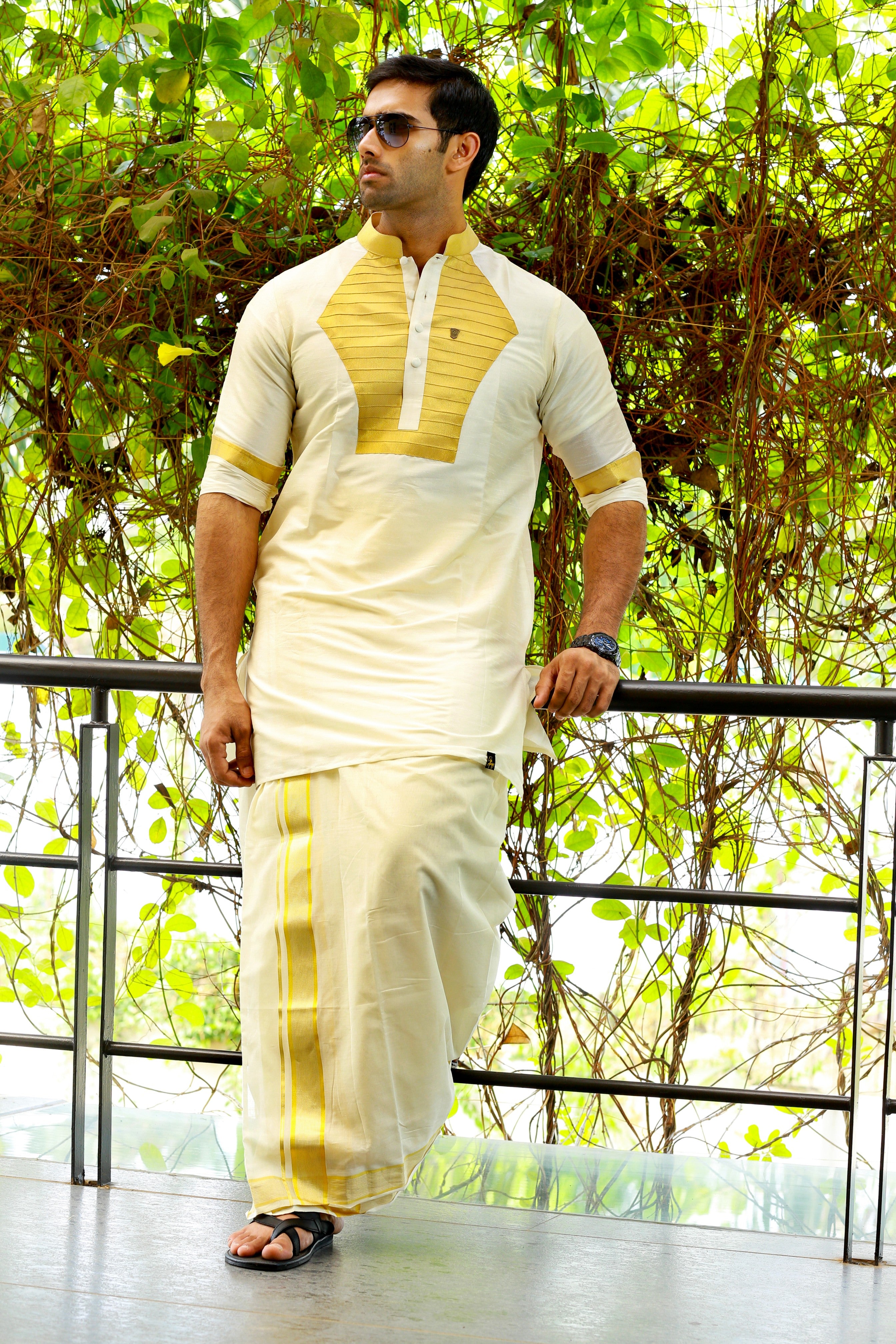 Off White Silk Kurta Set with Heavy Golden Zari Detailing on Chest & Sleeves (Kurta Only)