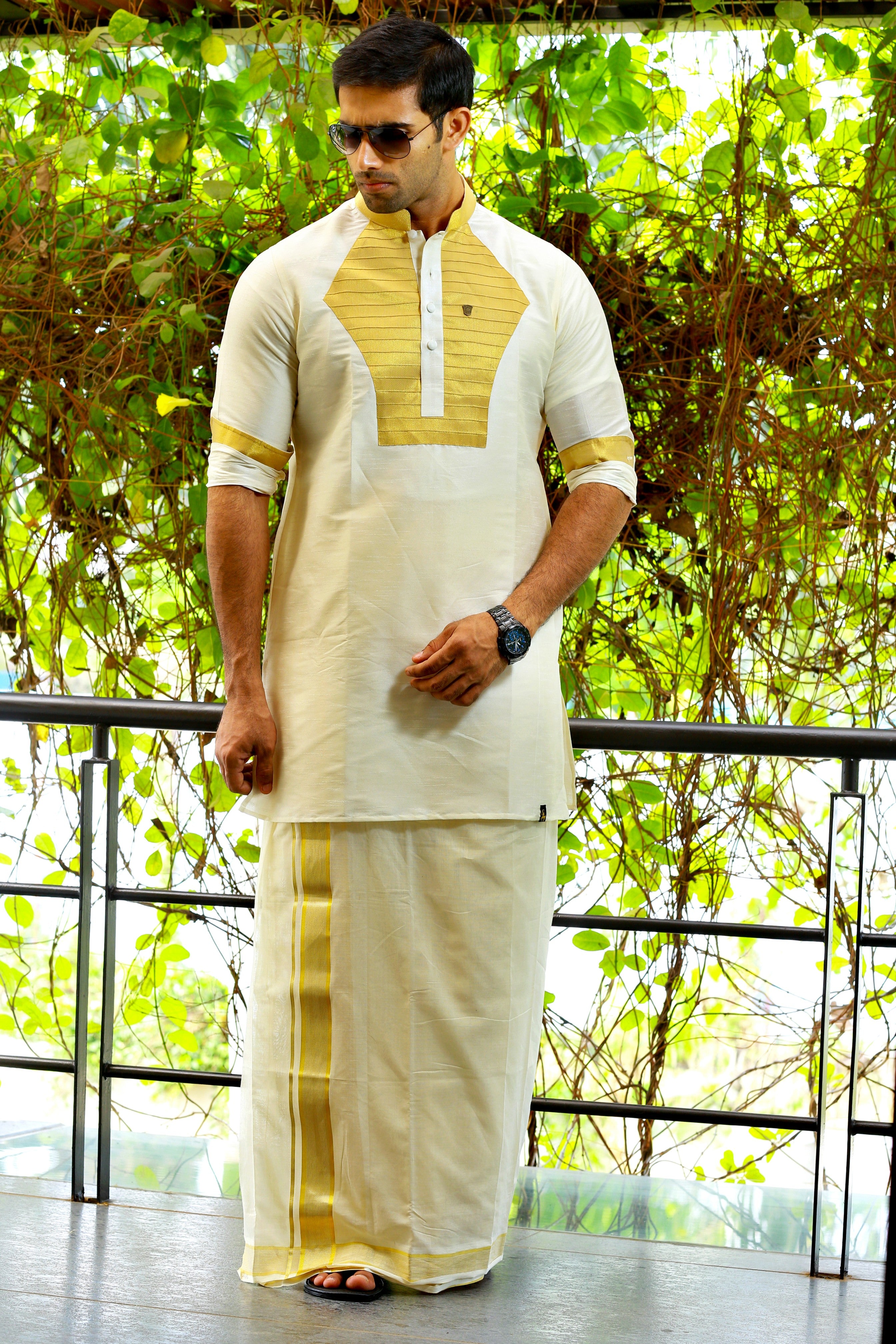 Off White Silk Kurta Set with Heavy Golden Zari Detailing on Chest & Sleeves (Kurta Only)