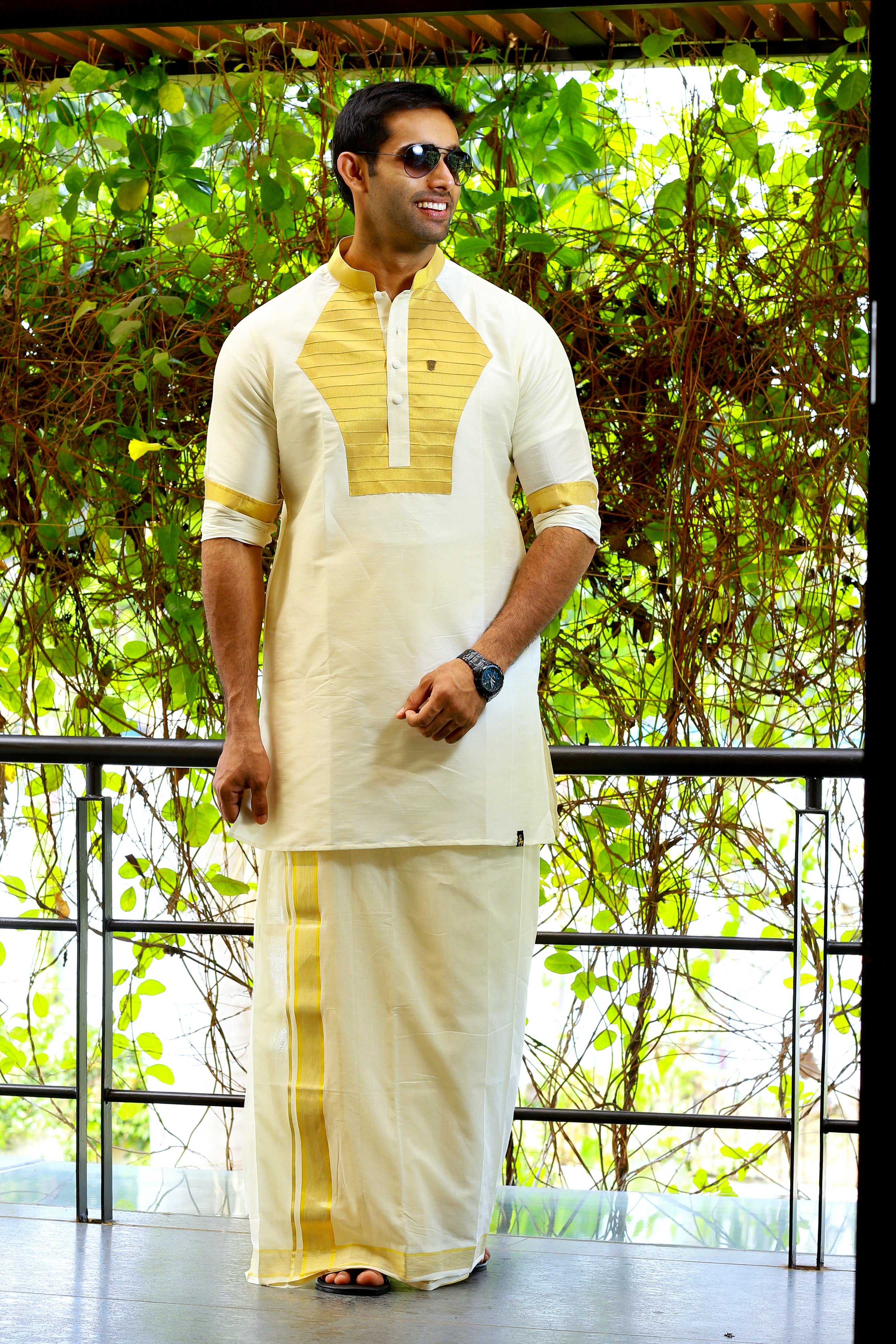 Off White Silk Kurta Set with Heavy Golden Zari Detailing on Chest & Sleeves (Kurta Only)