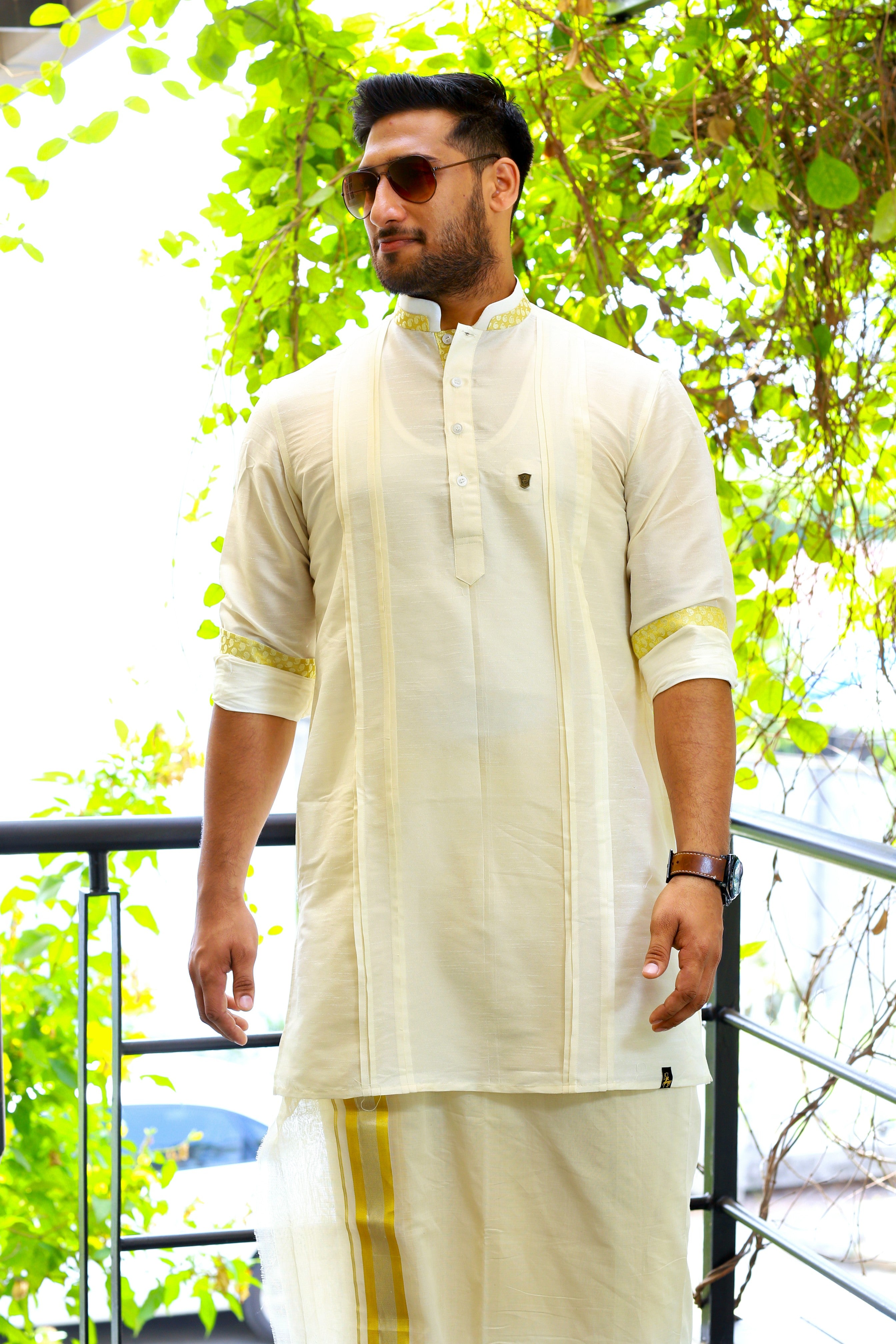 Off White Vertical Pleat Silk Kurta with Golden Zari Detailing on Neck & Sleeves (Only Kurta)