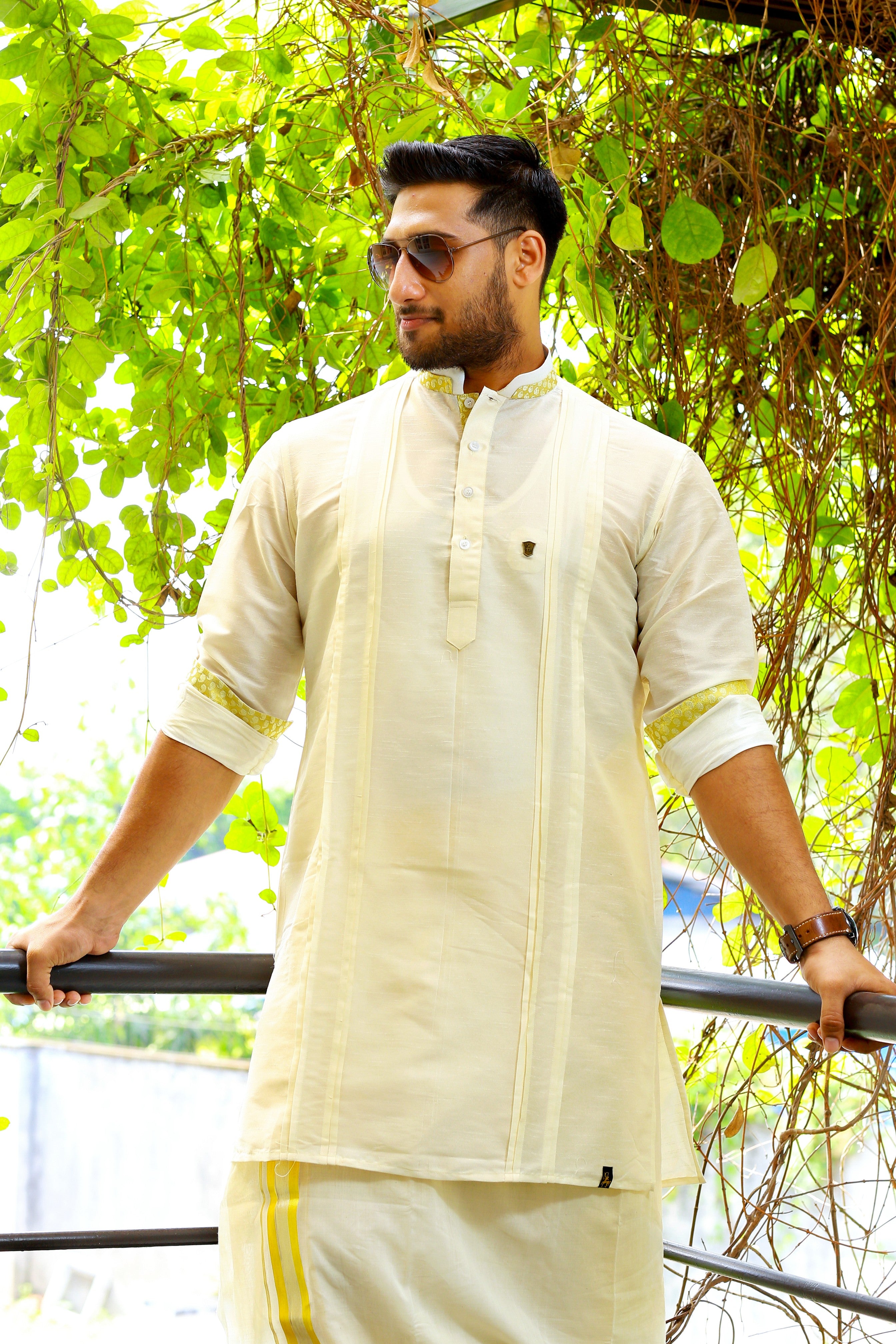 Off White Vertical Pleat Silk Kurta Set with Golden Zari Detailing on Neck & Sleeves  (Kurta + Kasavu Munde)