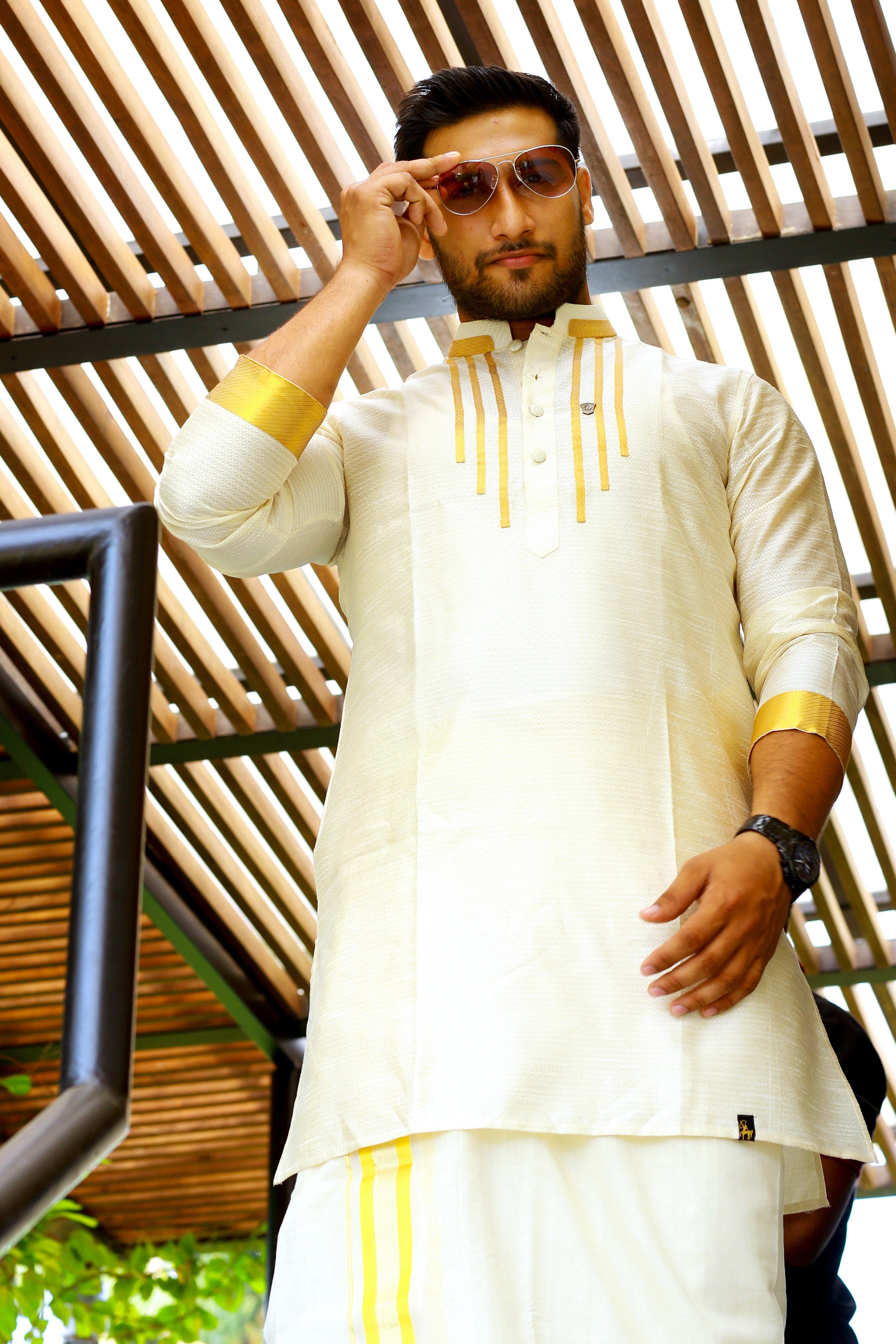 Off White Silk Kurta with Vertical Golden Zari Line Detailing on Chest & Sleeves (Only Kurta)