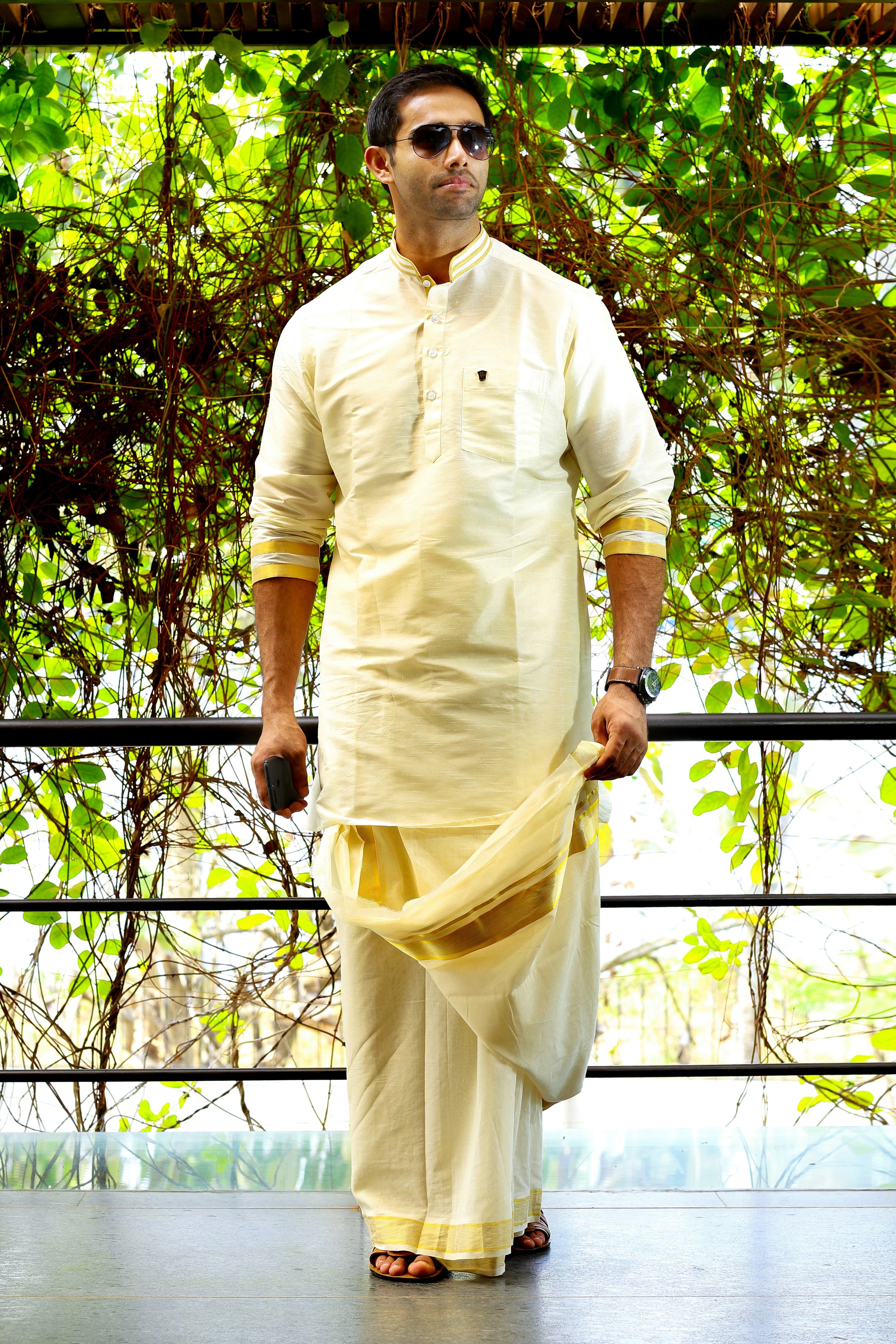 Off White Silk Kurta with Golden Zari Detailing on Neck & Sleeves (Only Kurta)