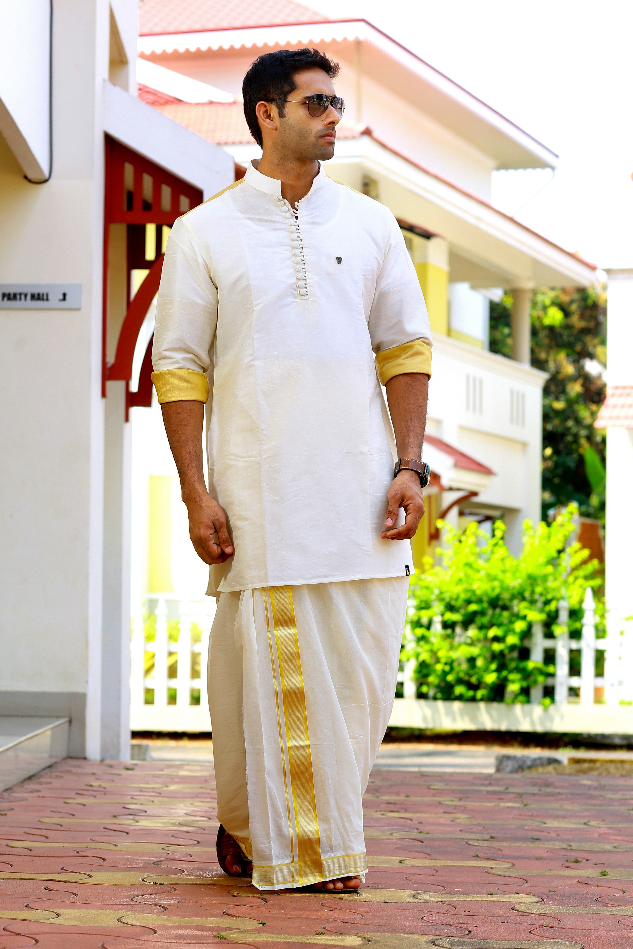 Off White Silk Kurta With Golden Zari Detailing on Shoulder & Sleeves (Only Kurta)