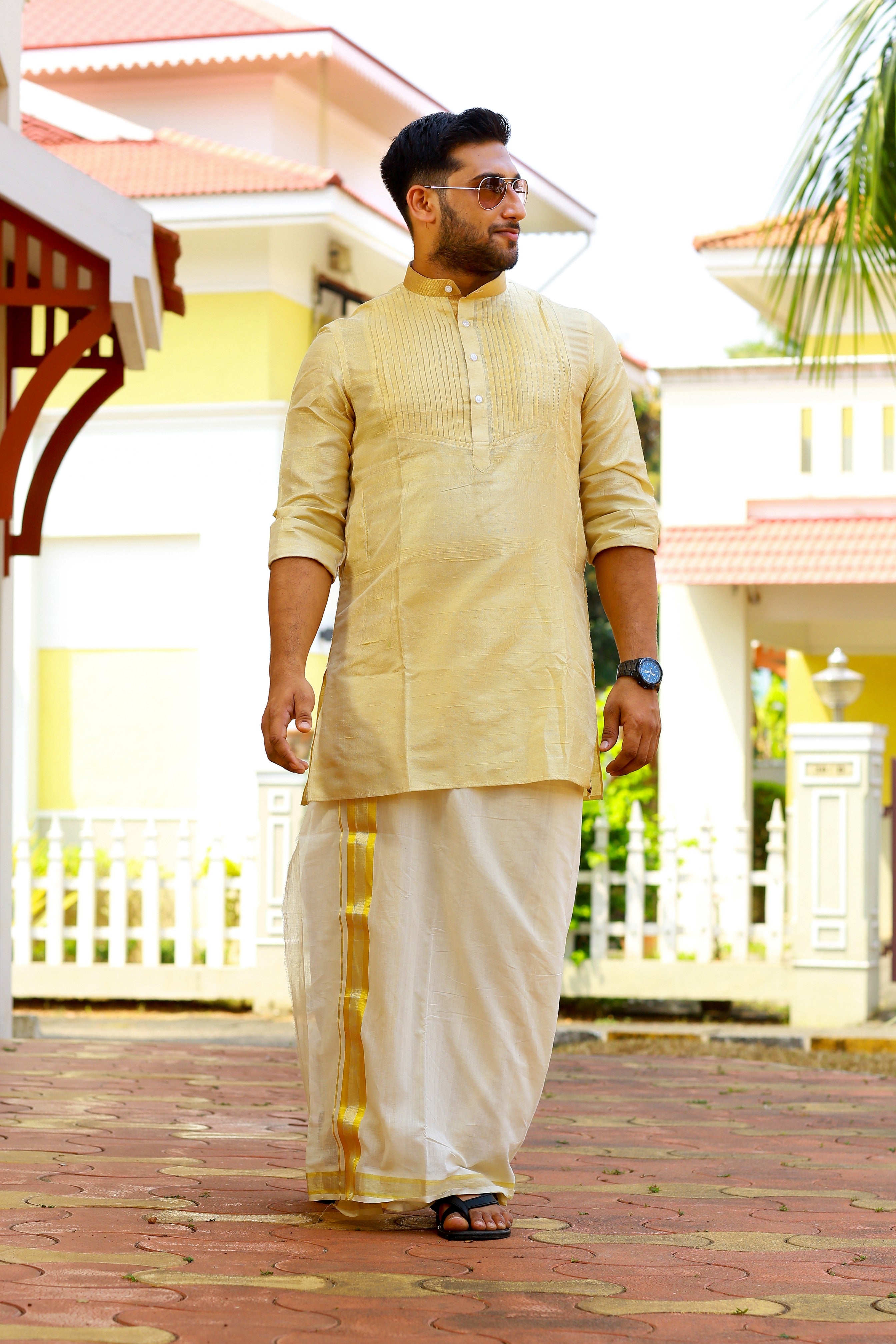 Golden Vertical Pleated Kurta with Gold Zari Detailing on Neck (Only Kurta)