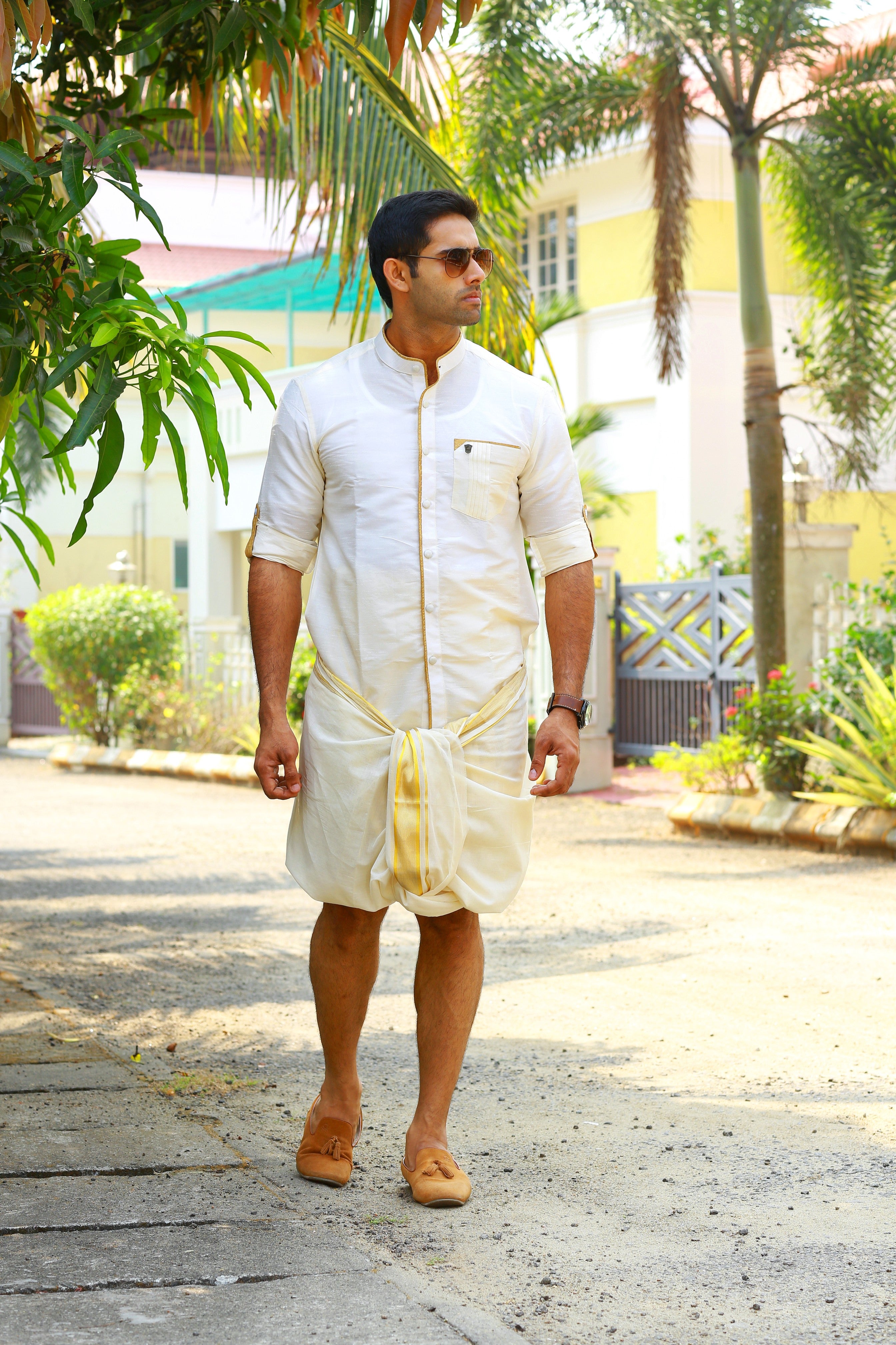 Off White Plain Silk Chinese Collar Shirt with Gold Zari Detailing (Shirt Only)