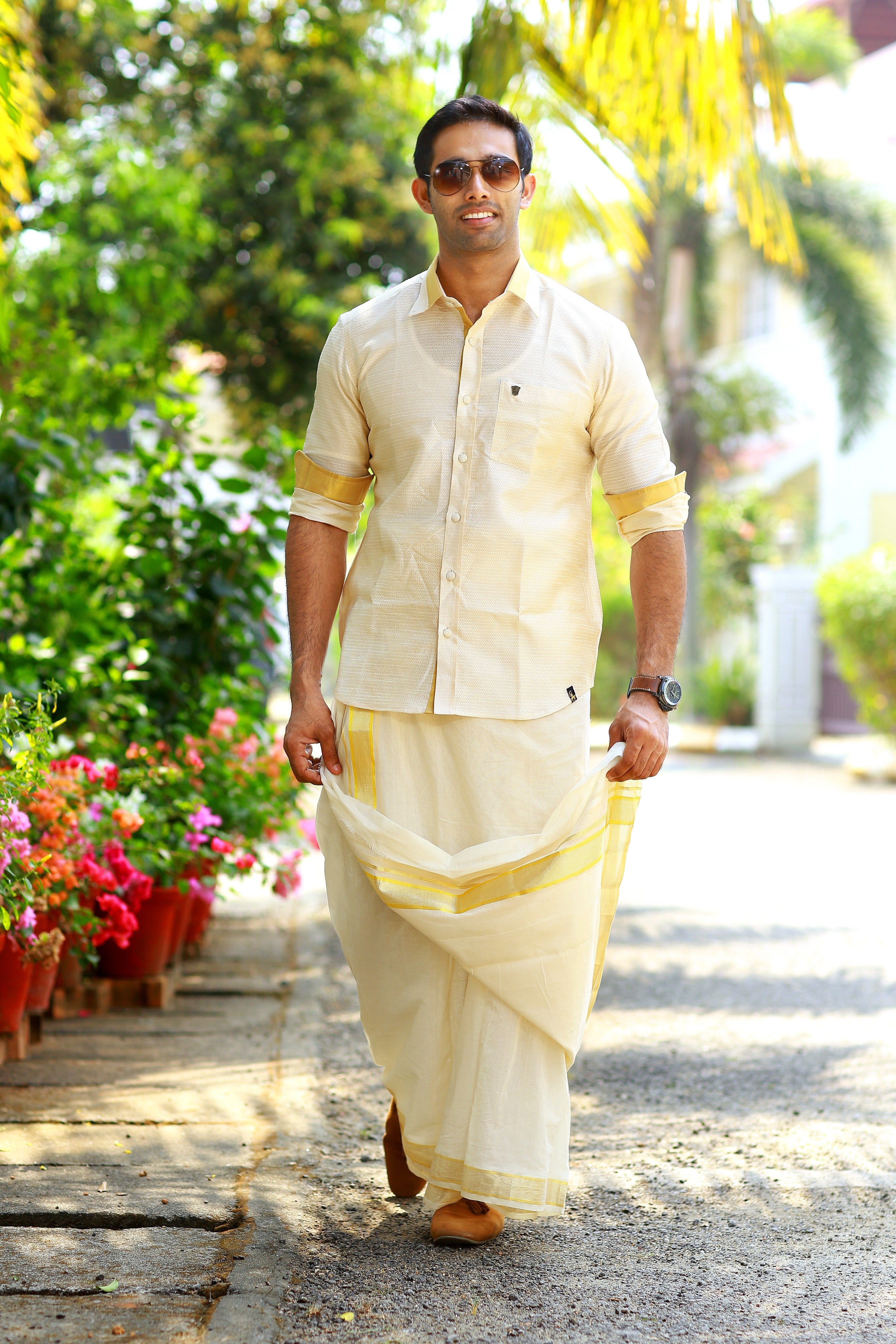 Off White Dotted Silk Cutaway Collar Shirt with Gold Zari Detailing (Shirt Only)