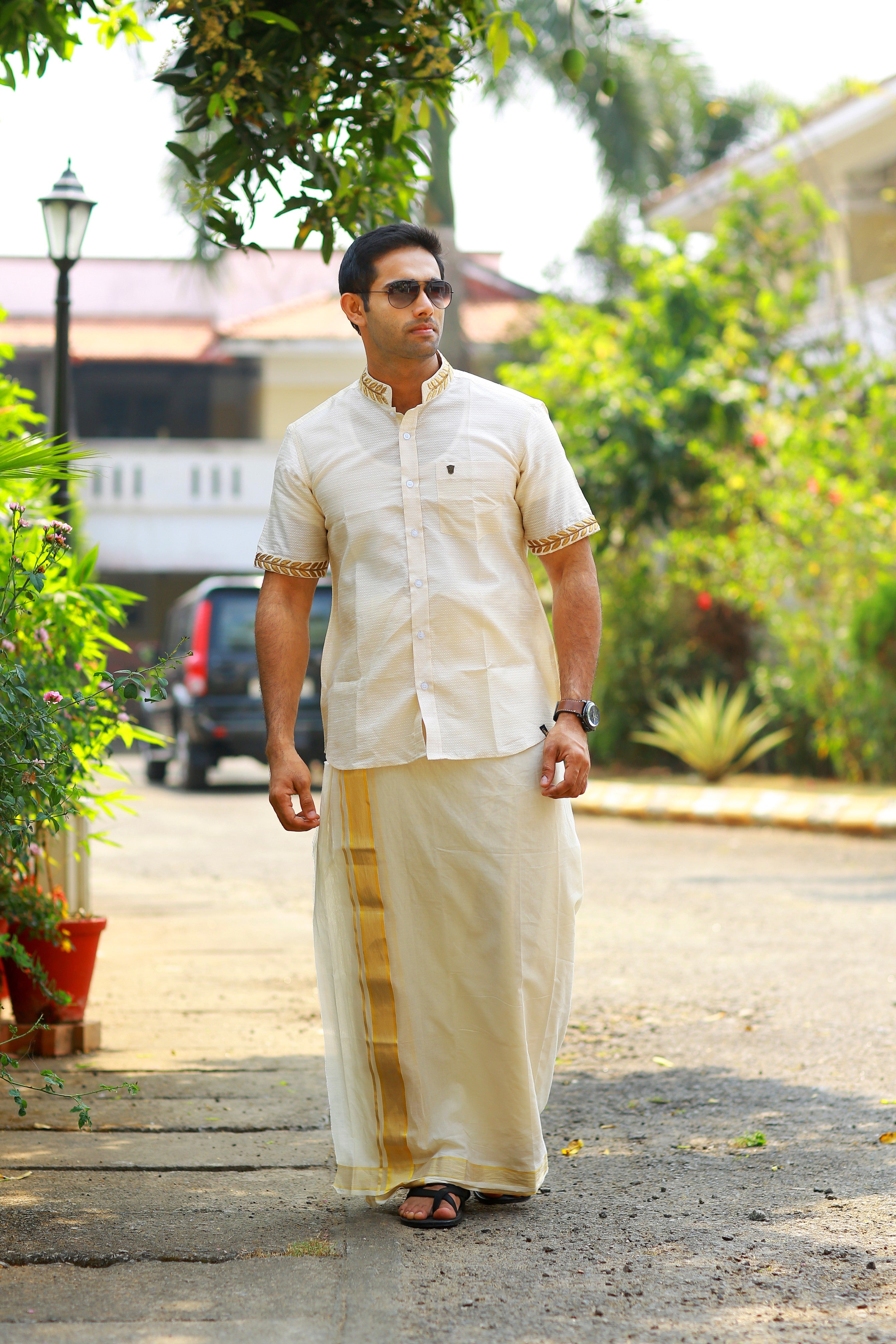 Off White Dotted Silk Chinese Collar Shirt with Gold Zari Detailing & Handwork Embroidery on Neck & Sleeves (Shirt Only)
