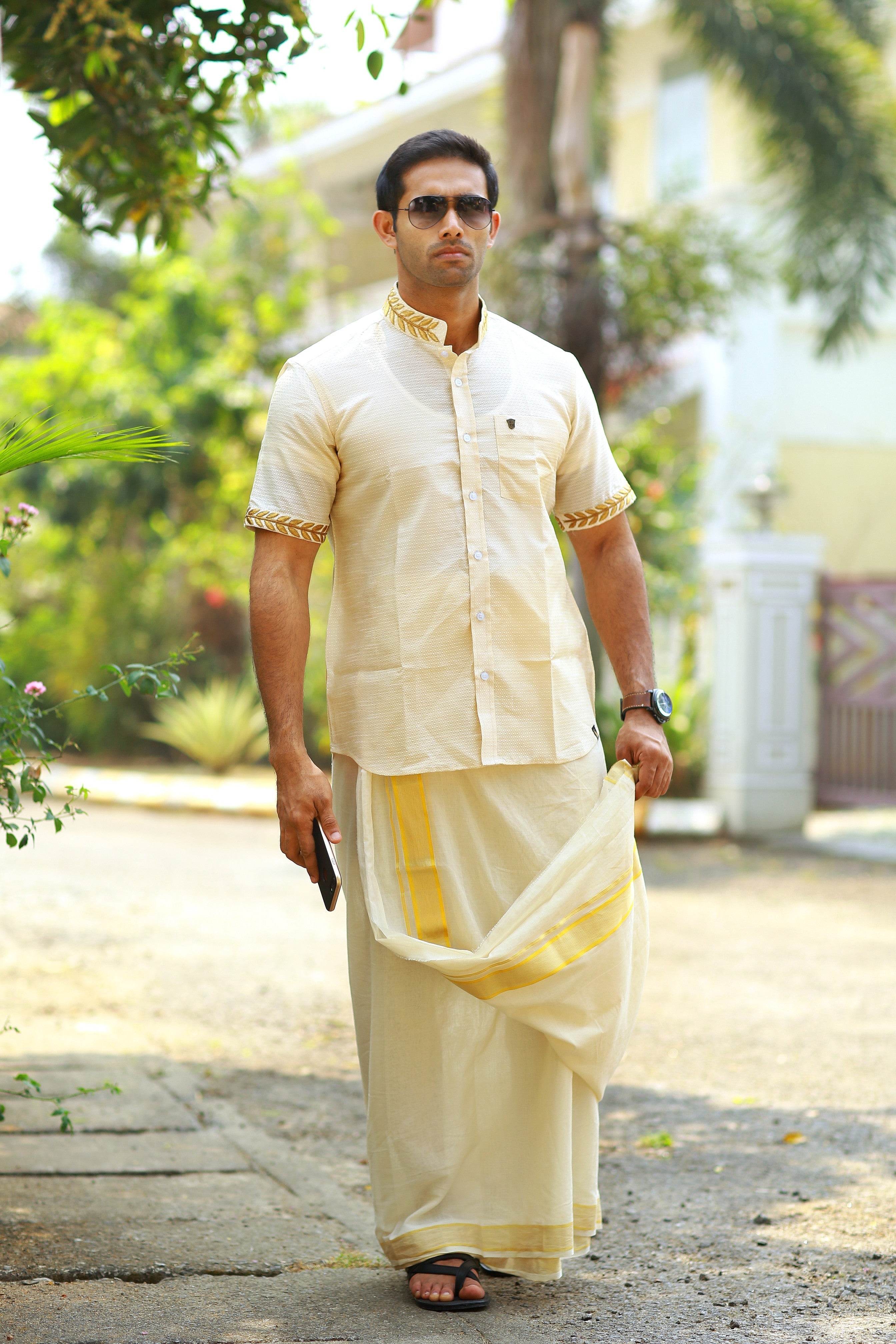 Off White Dotted Silk Chinese Collar Shirt with Gold Zari Detailing & Handwork Embroidery on Neck & Sleeves (Shirt + Kasavu Munde )