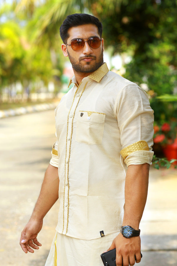 Off White Dotted Silk Cutaway Collar Shirt with Gold Zari Detailing (Shirt + Kasavu Munde )