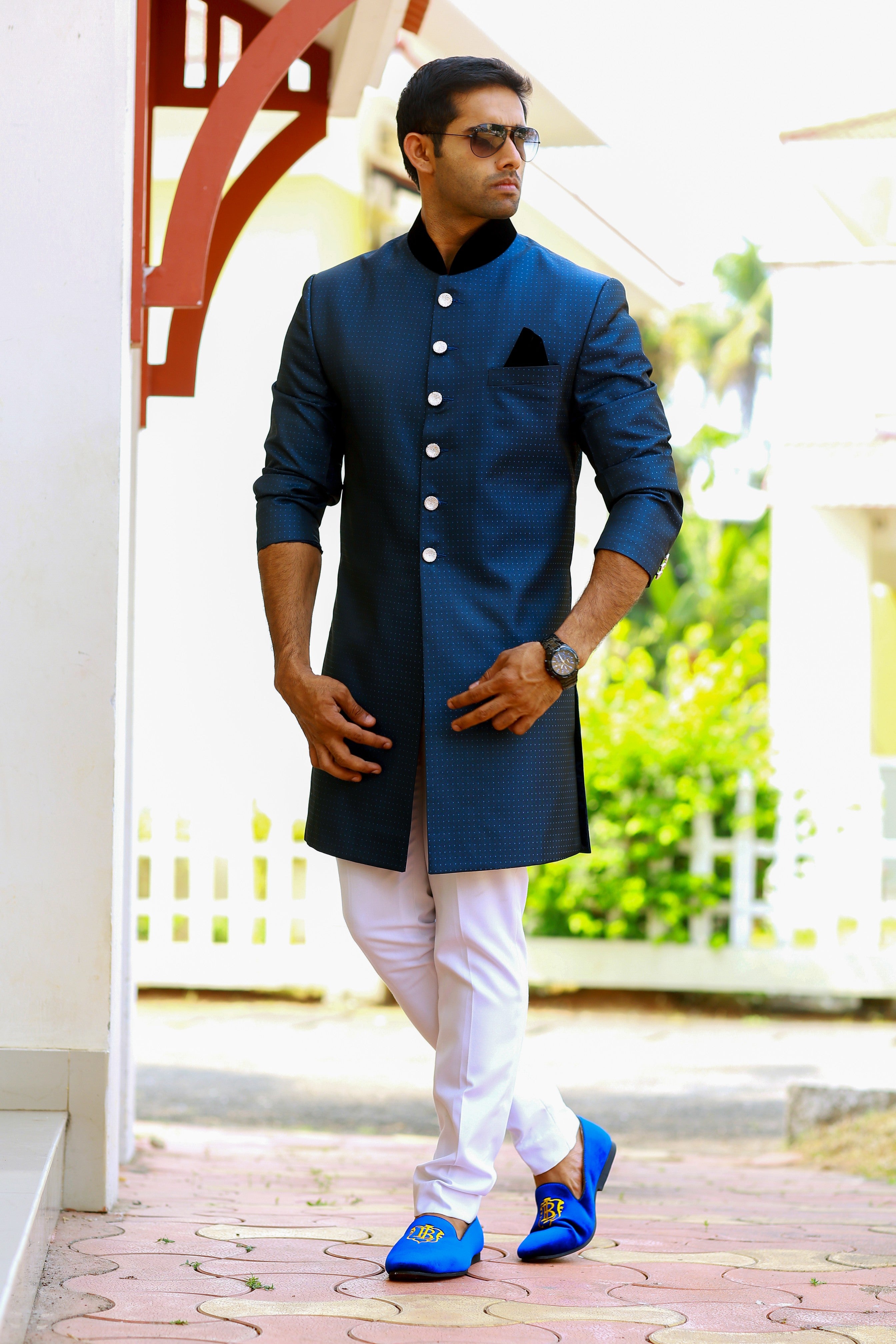 Dotted Oxford Blue Indo Western Slim Achkan Suit paired with White Narrow Pants