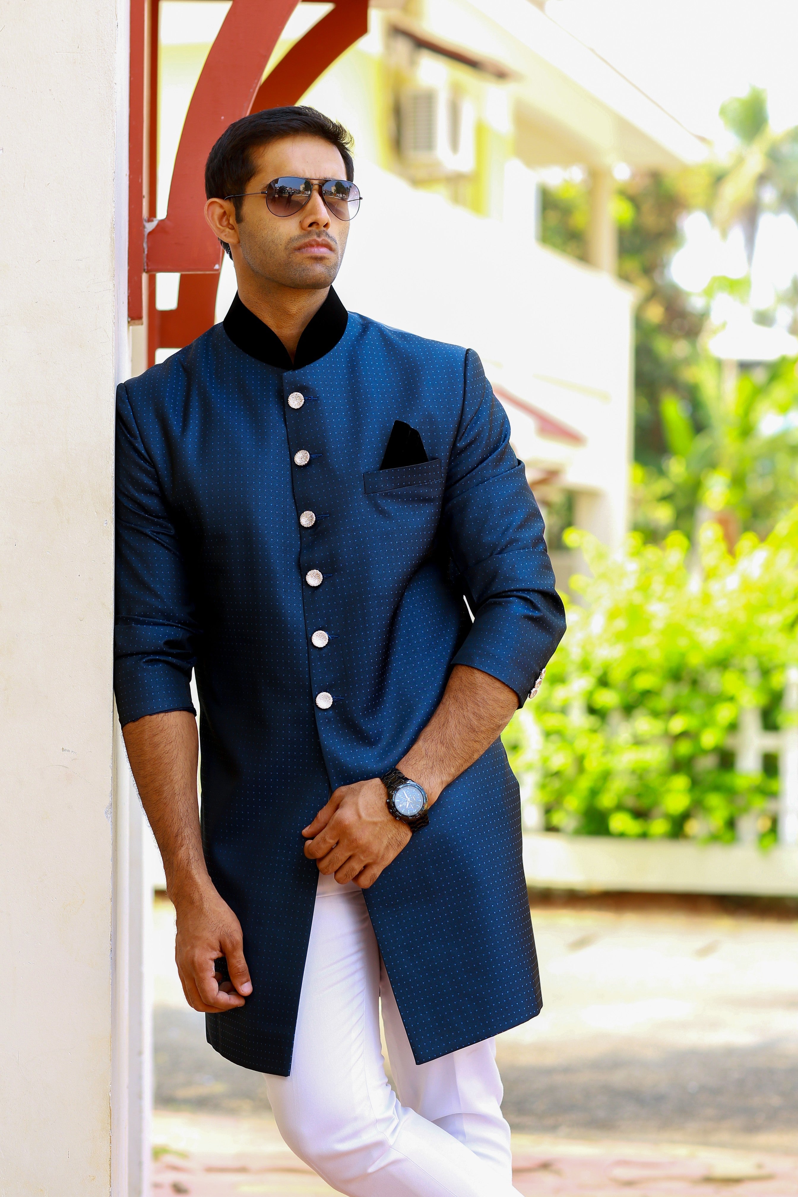 Dotted Oxford Blue Indo Western Slim Achkan Suit paired with White Narrow Pants