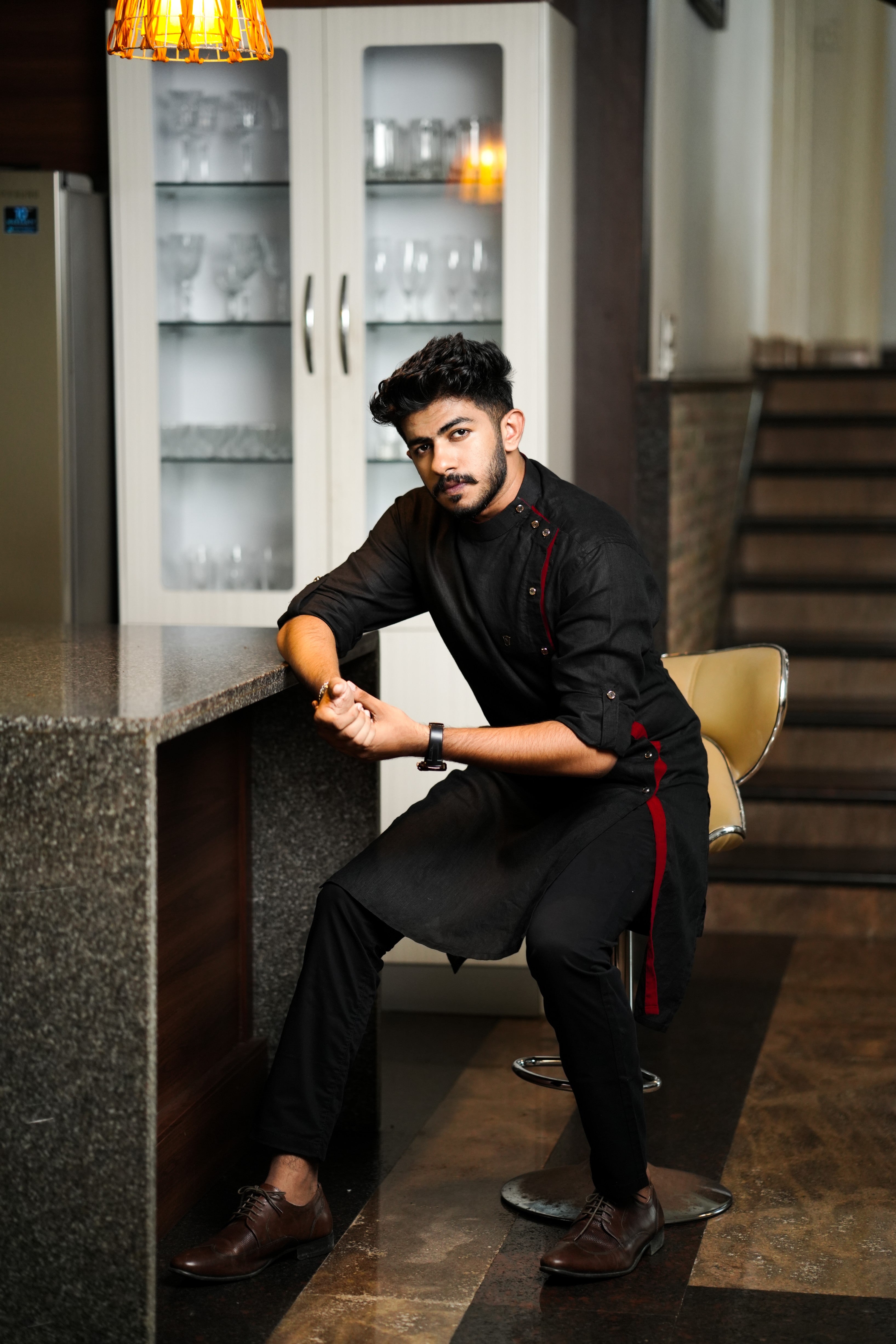 Side Full Open Black Kurta with Red Placket Detailing (Only Kurta)