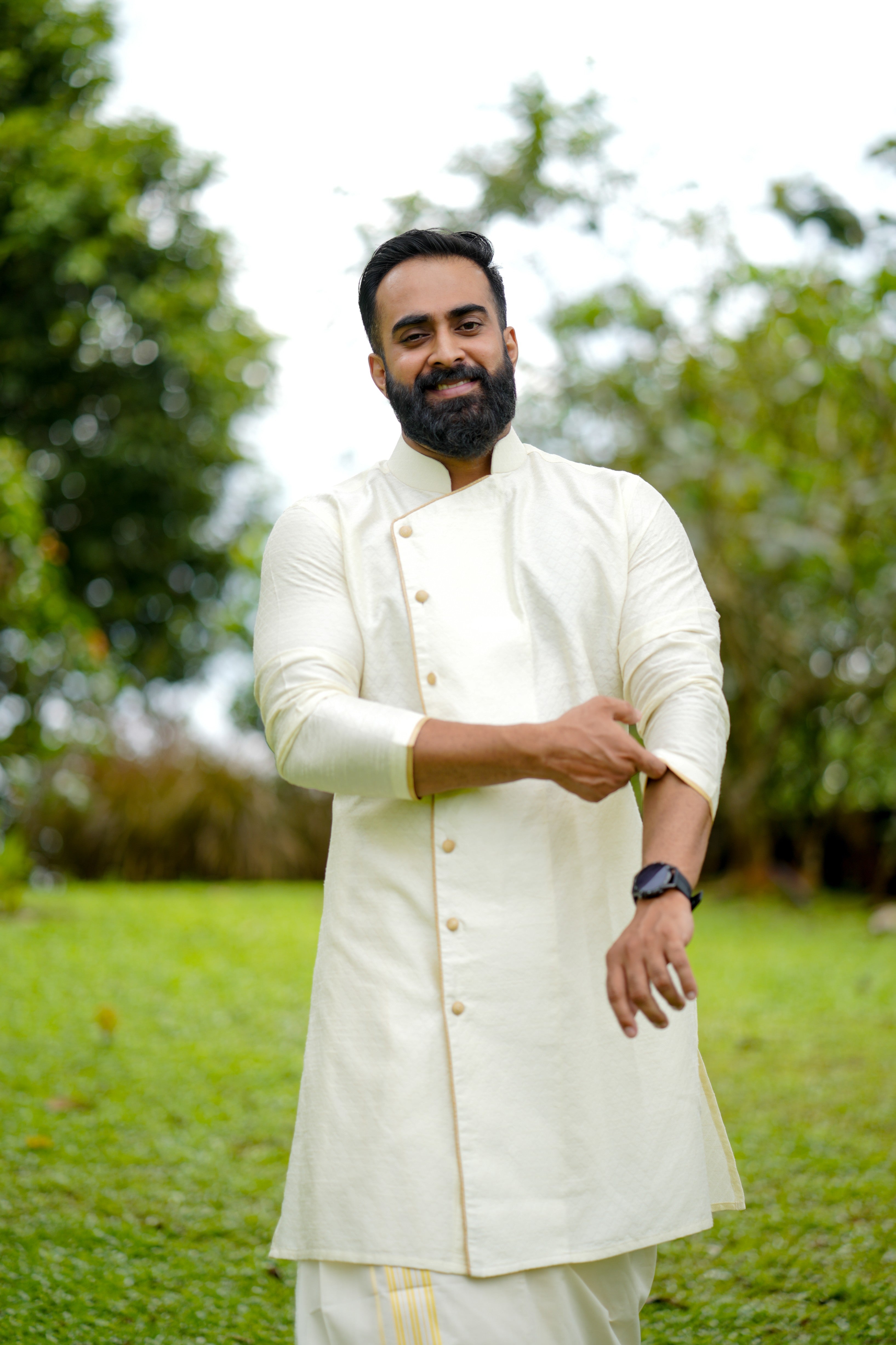 Ivory Cream Side Open Wedding Kurta with Golden Pipping Detailing (Only Kurta)