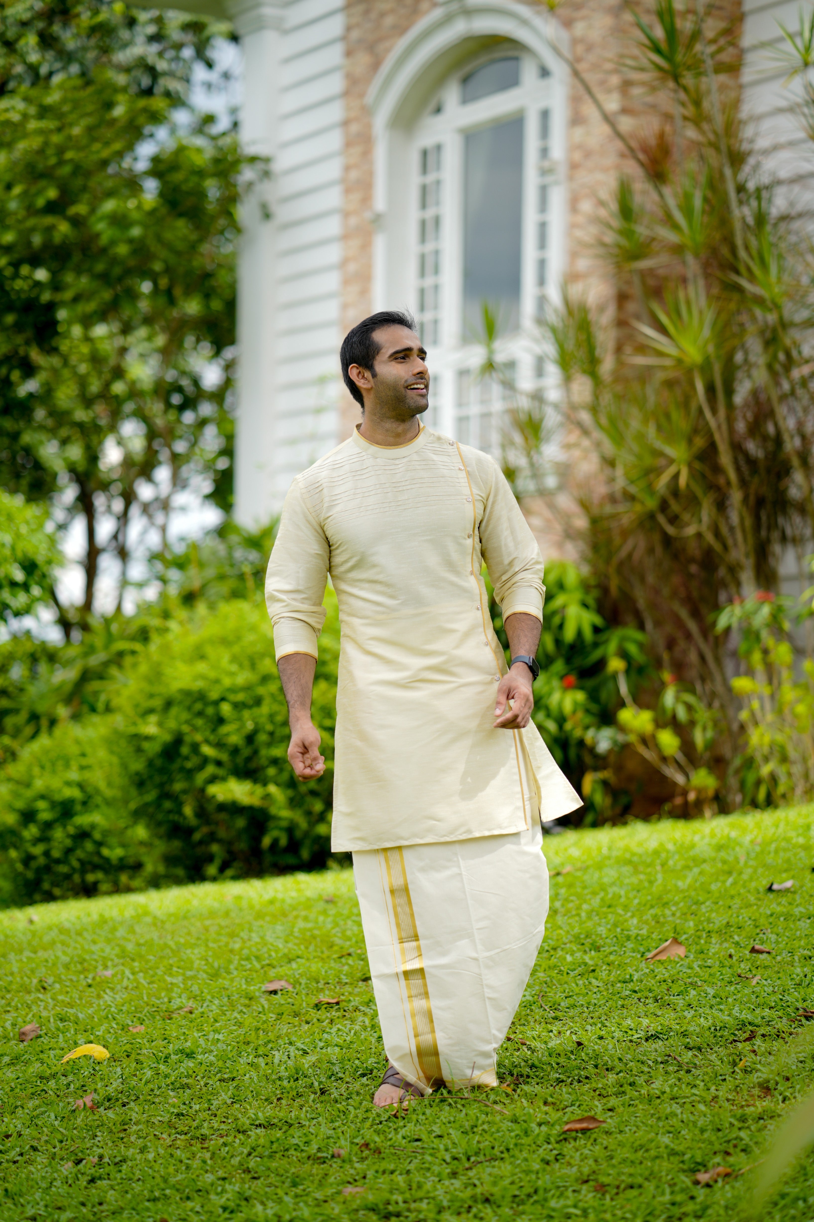 Parchment Cream Wedding Kurta with Sequence & Horizontal Zari Thread Golden Detailing (Only Kurta)