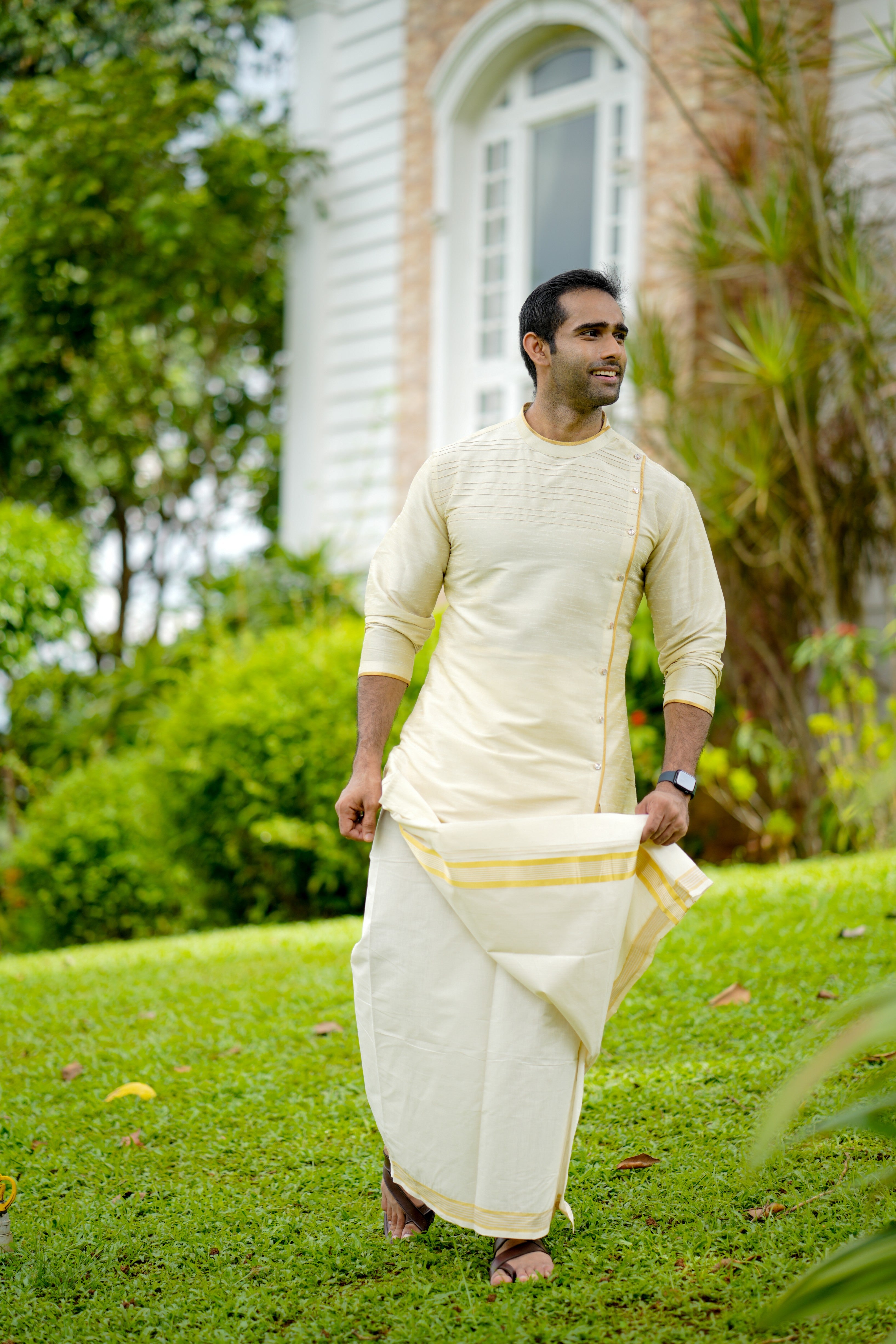 Parchment Cream Wedding Kurta with Sequence & Horizontal Zari Thread Golden Detailing (Only Kurta)
