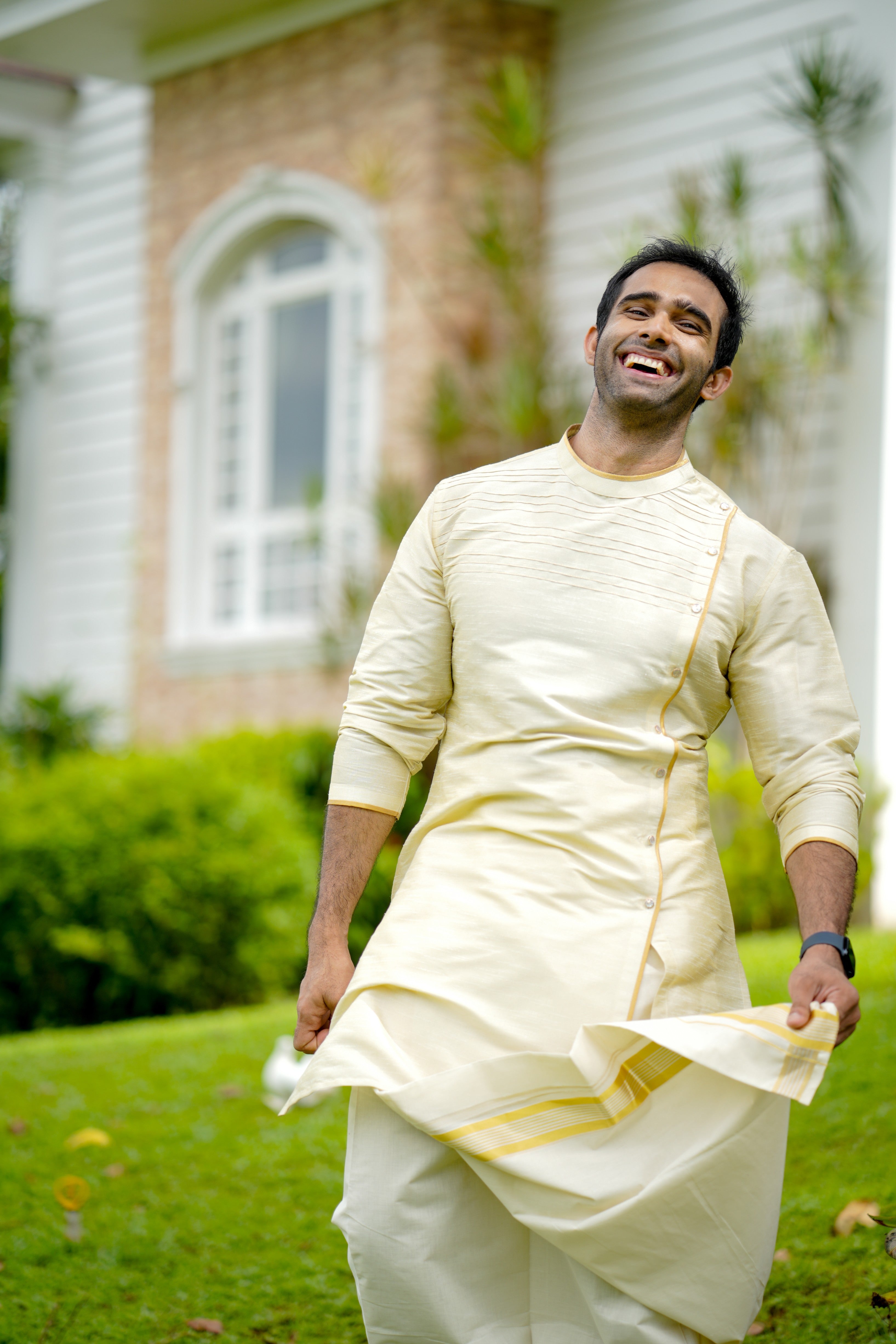 Parchment Cream Wedding Kurta with Sequence & Horizontal Zari Thread Golden Detailing (Only Kurta)
