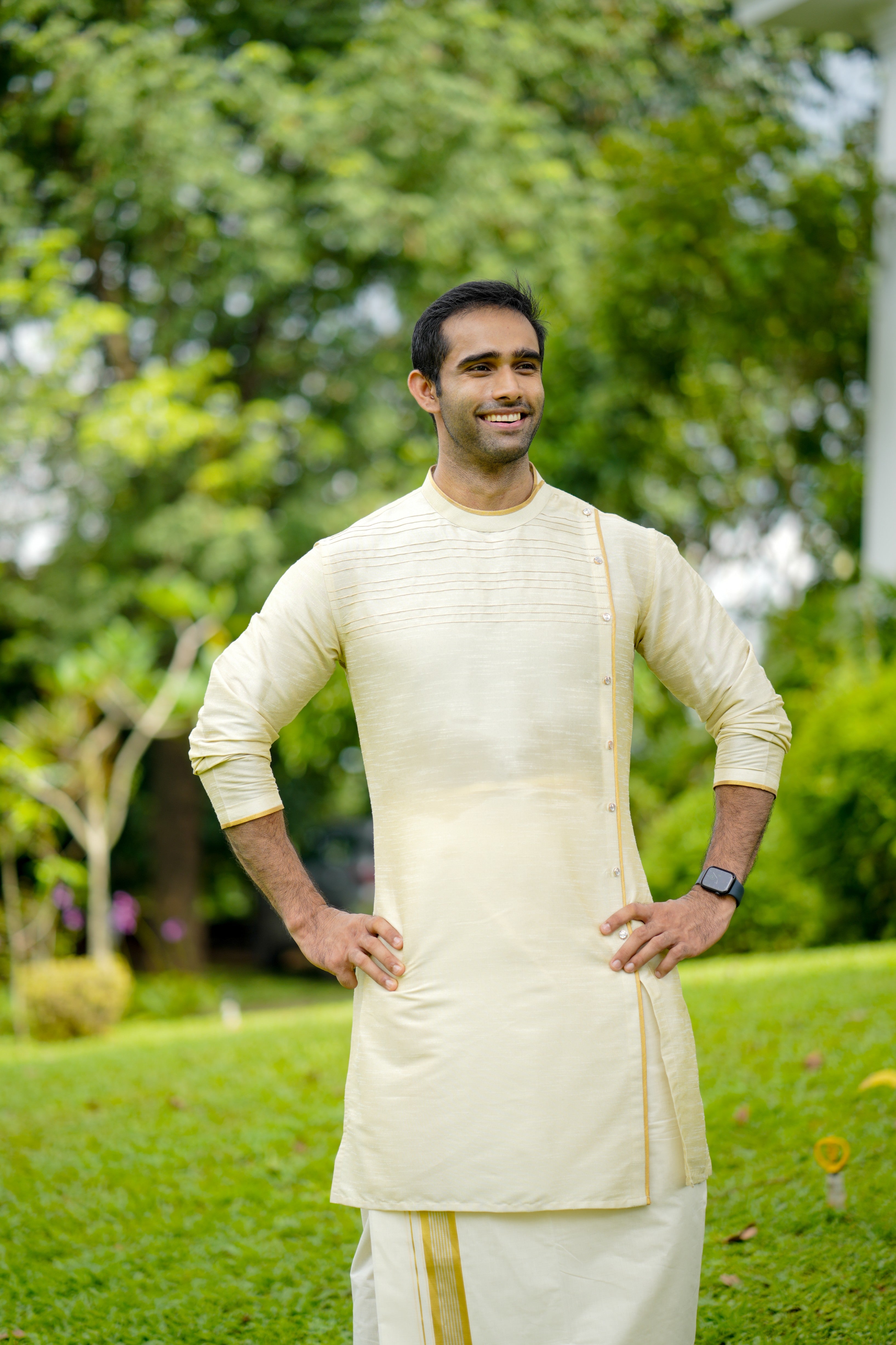 Parchment Cream Wedding Kurta with Sequence & Horizontal Zari Thread Golden Detailing (Only Kurta)