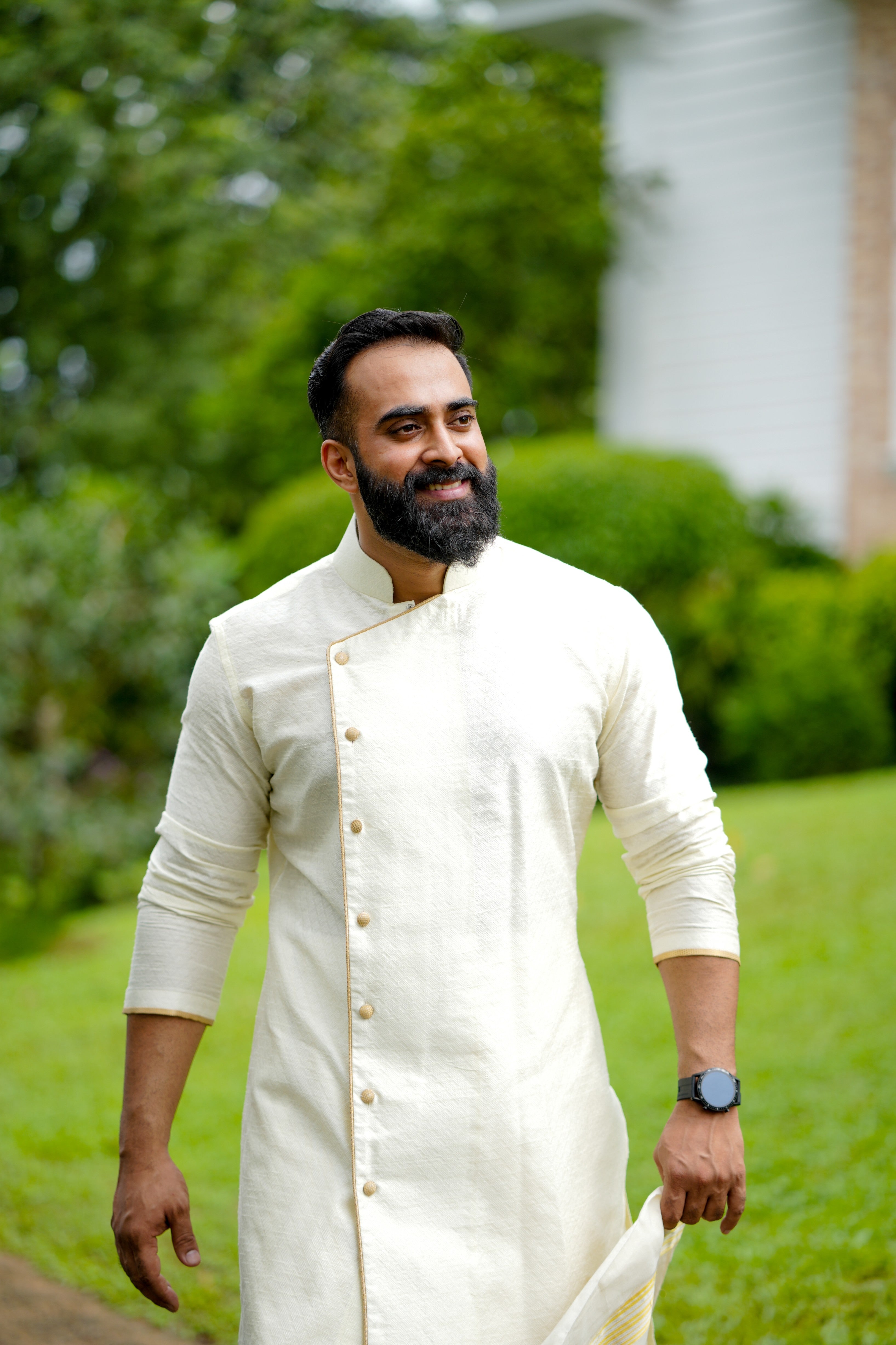 Ivory Cream Side Open Wedding Kurta with Golden Pipping Detailing (Only Kurta)