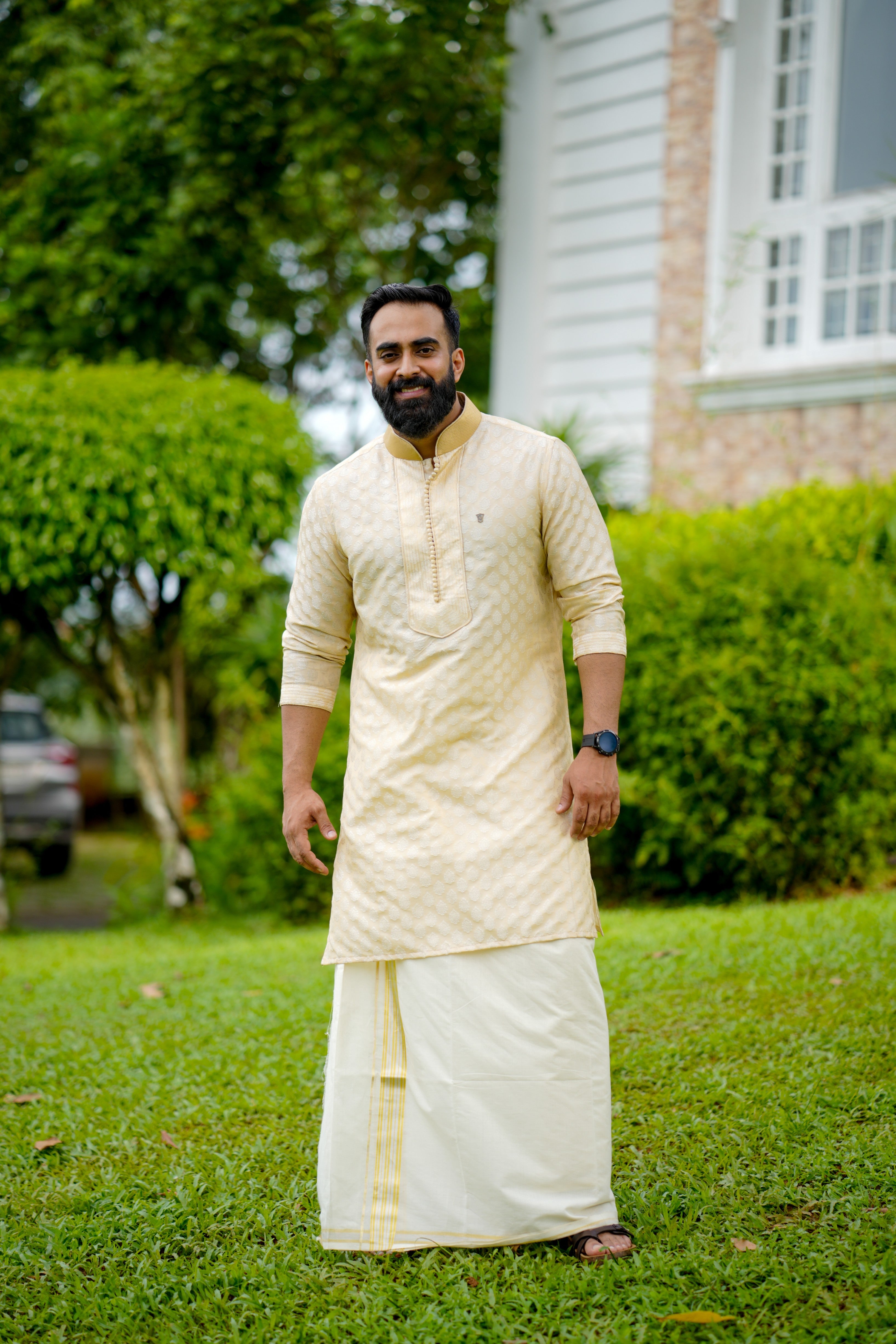 Light Golden Brocade Kurta with Golden Zari Thread Detailing (Only Kurta)