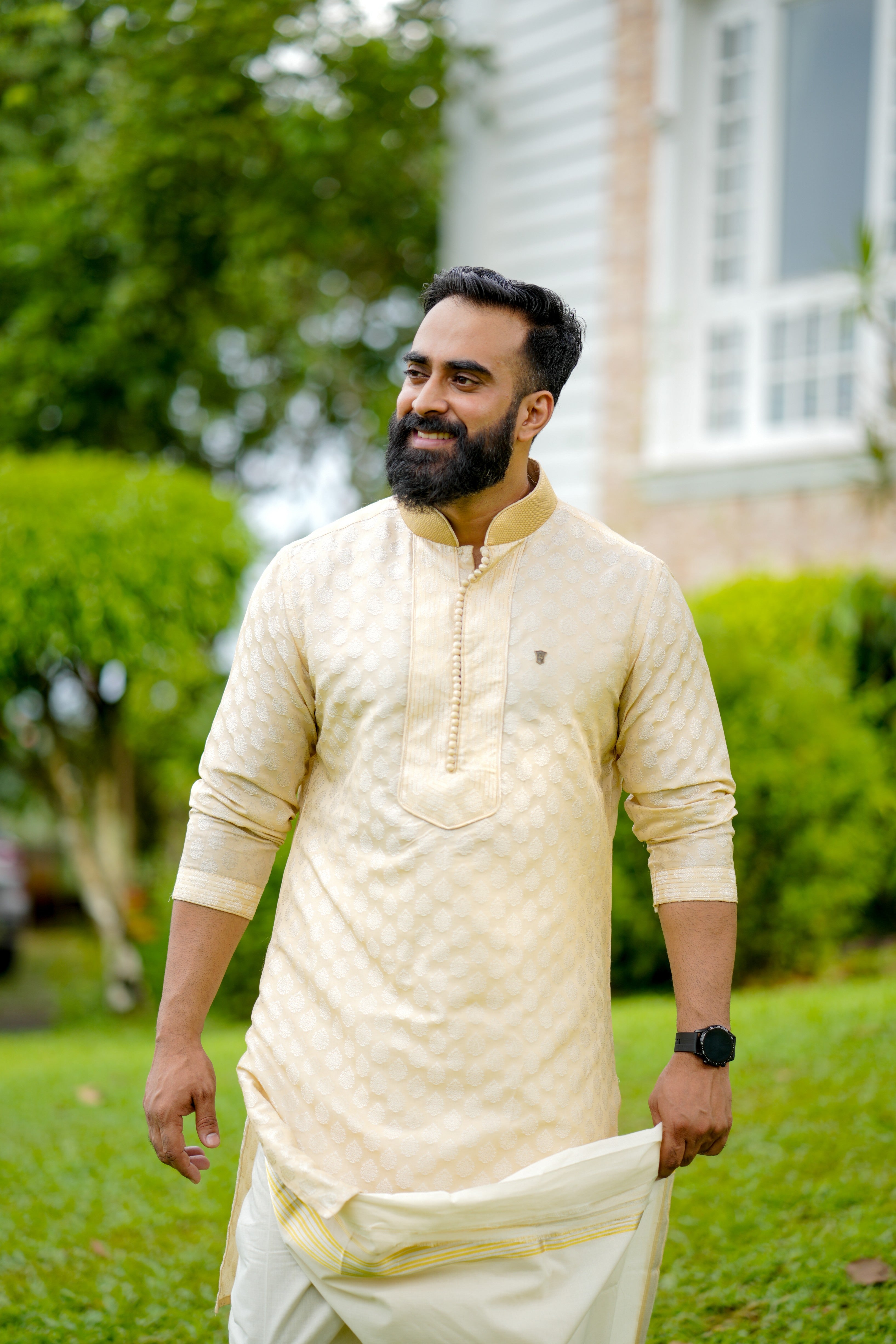 Light Golden Brocade Kurta with Golden Zari Thread Detailing (Only Kurta)