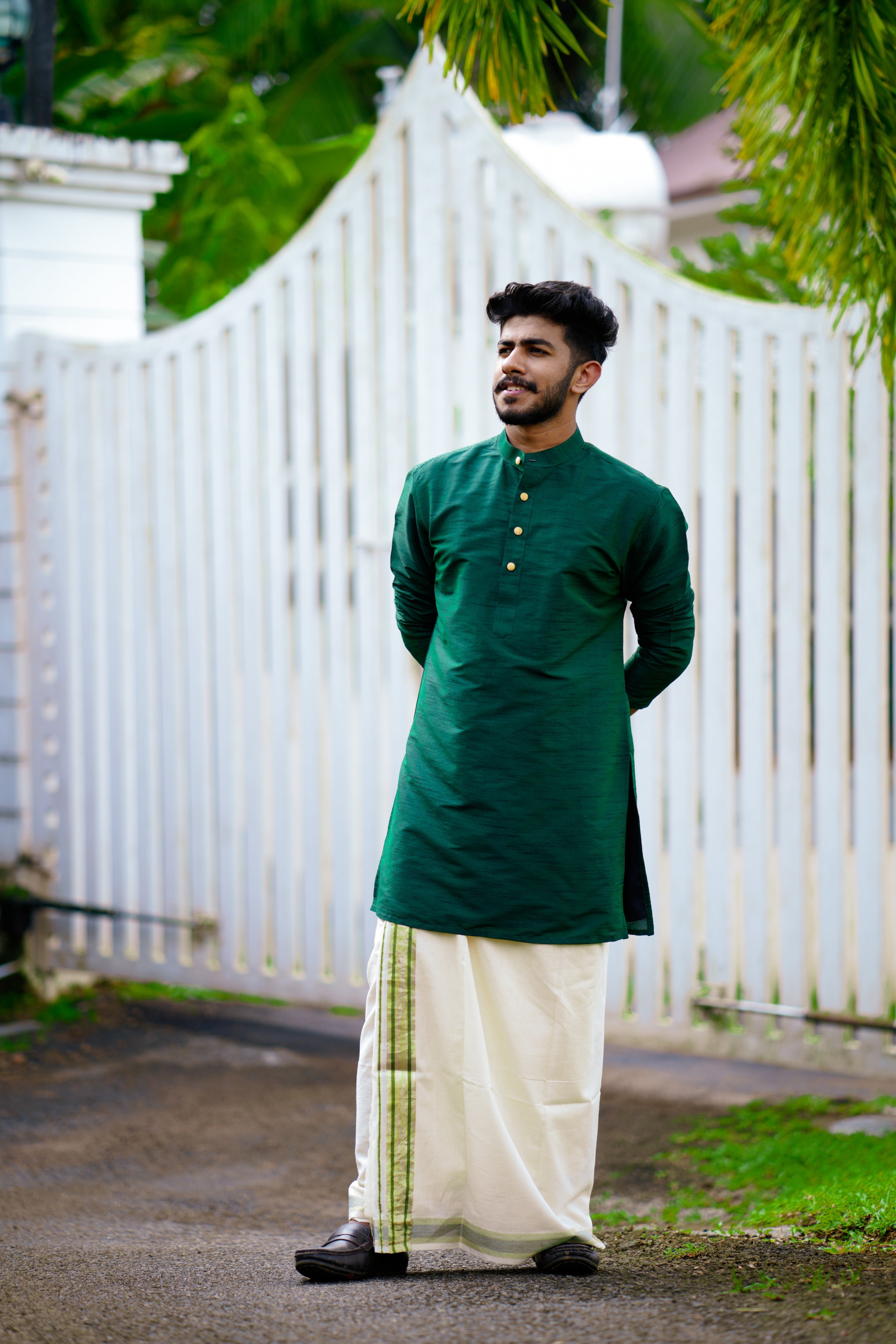 Pine Green Kurta Set with Golden Button Detailing (Kurta + Kasavu Munde)