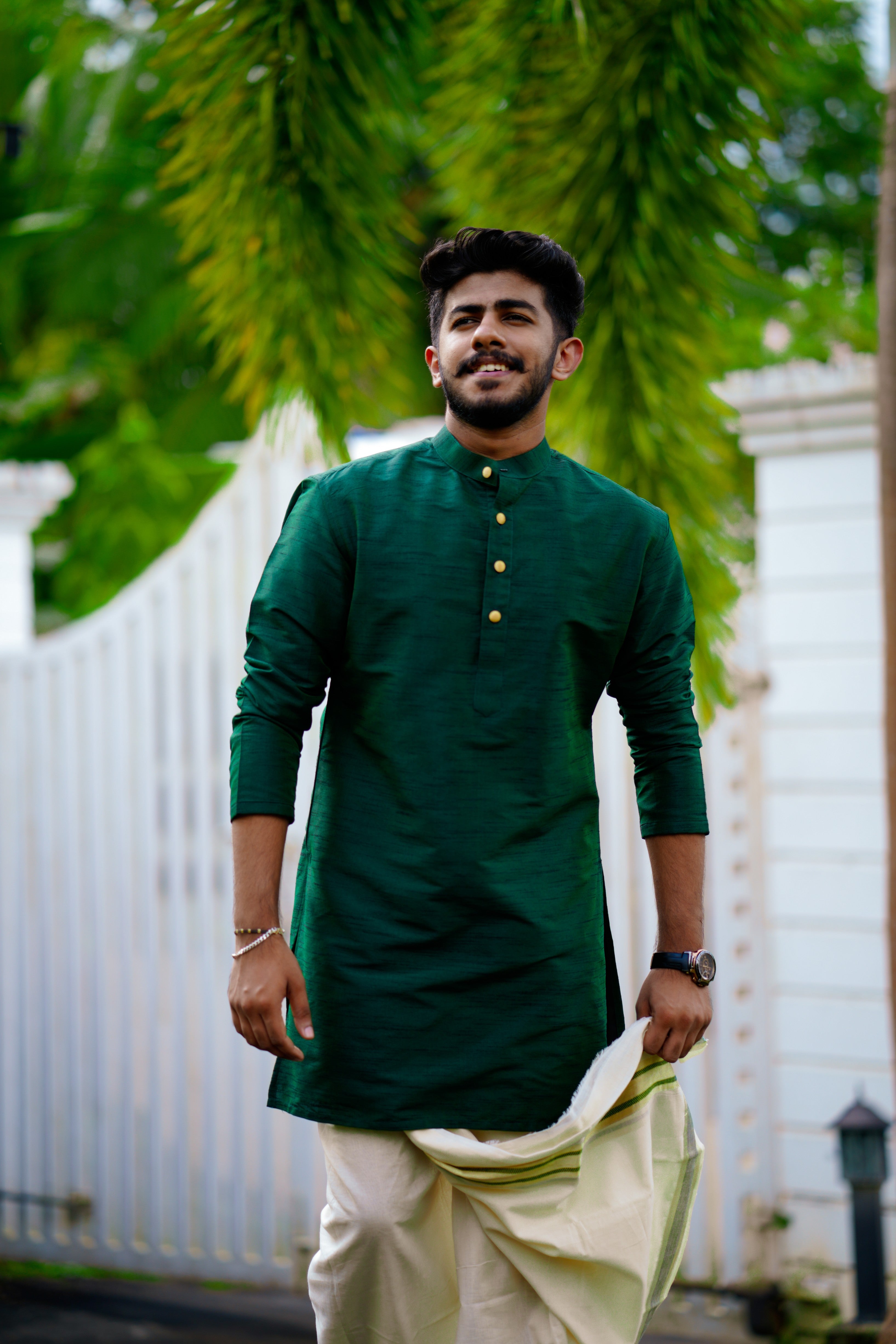 Pine Green Kurta Set with Golden Button Detailing (Kurta + Kasavu Munde)