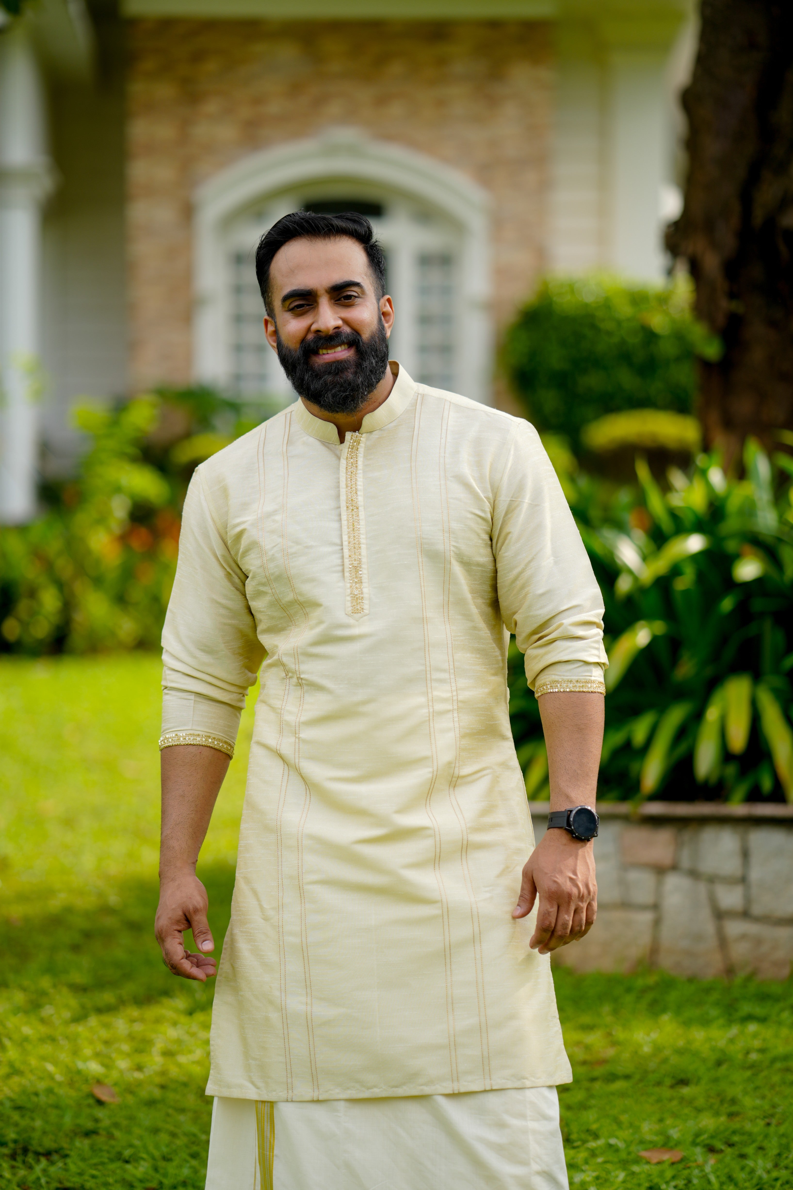 Parchment Cream Wedding Kurta with Sequence & Zari Thread Golden Detailing (Only Kurta)