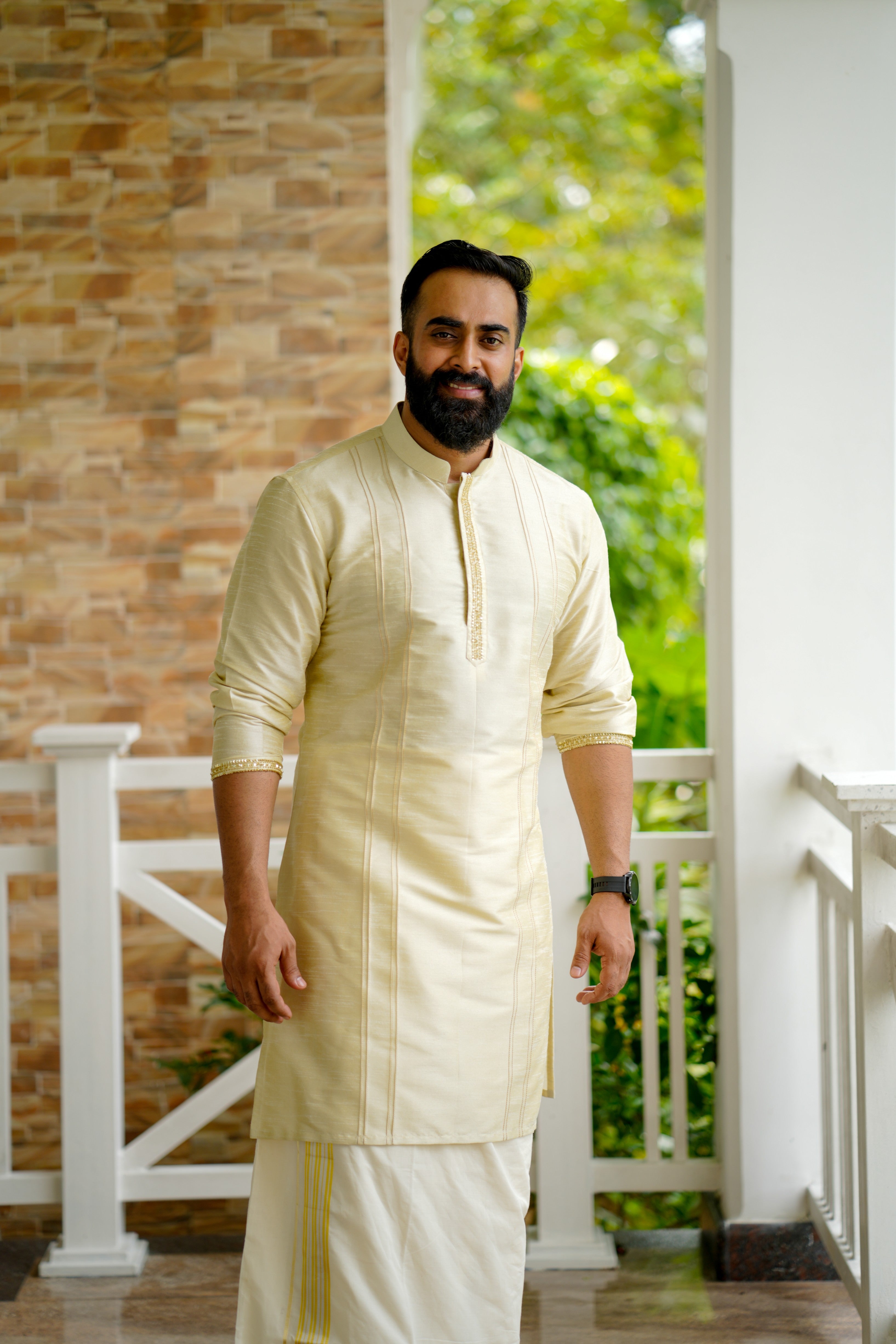 Parchment Cream Wedding Kurta Set with  Sequence & Zari Thread Golden Detailing  (Kurta + Kasavu Munde)