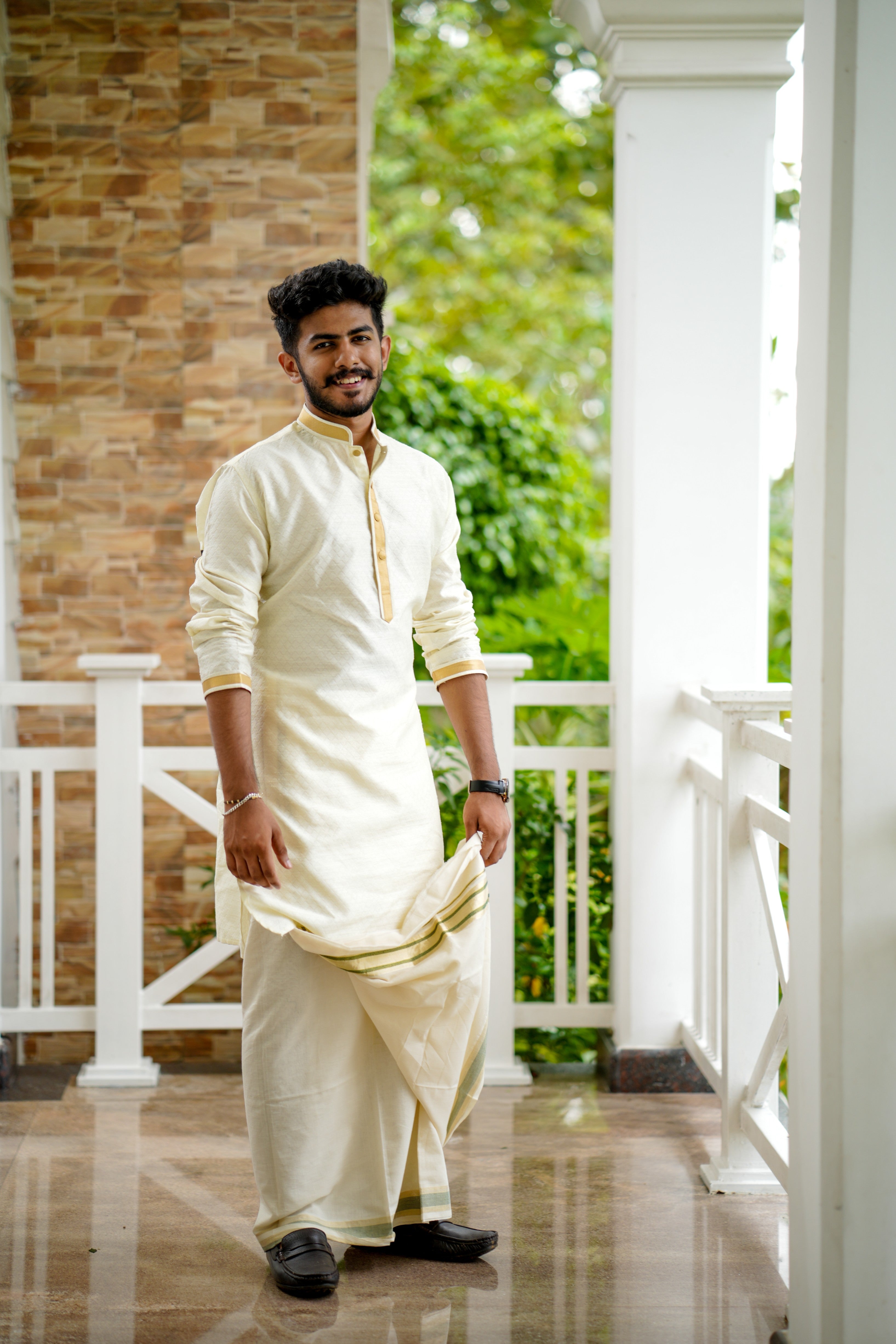 Off White Silk Brocade Kurta With Golden Zari Detailing on Neck, Placket & Sleeves (Only Kurta)