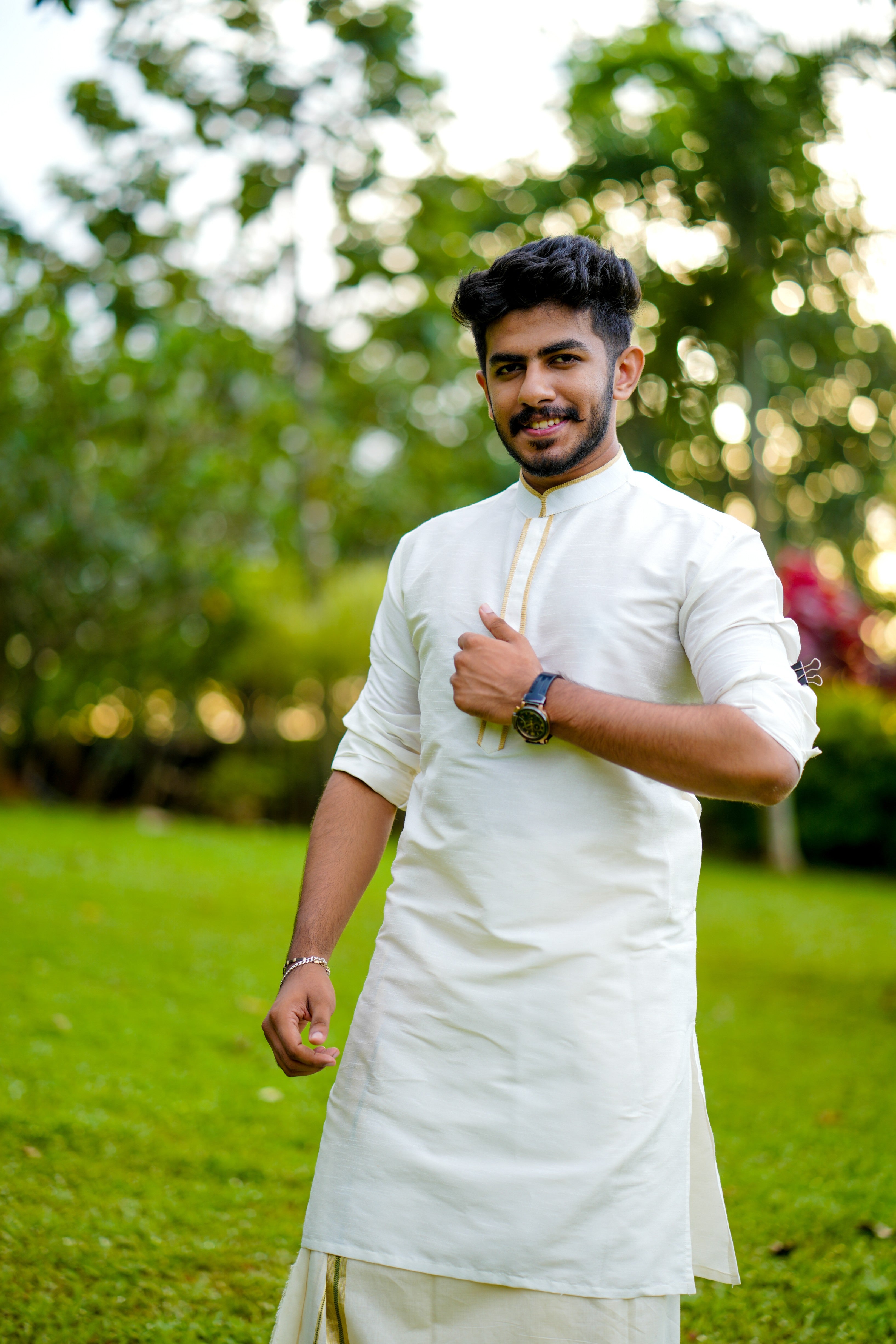 Off White Silk Kurta with Golden Pipping Detailing on Neck & Placket (Only Kurta)