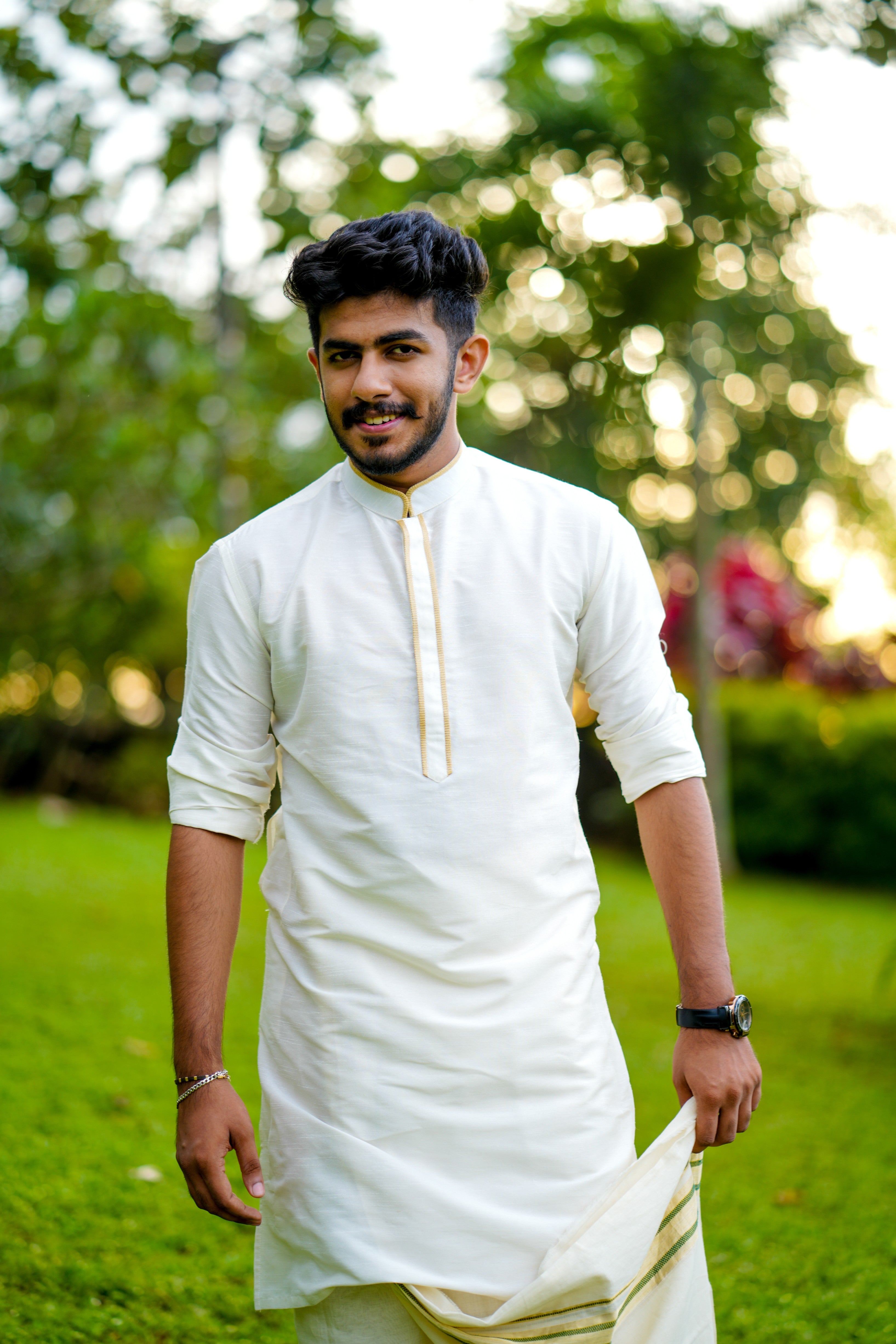 Off White Silk Kurta with Golden Pipping Detailing on Neck & Placket (Only Kurta)