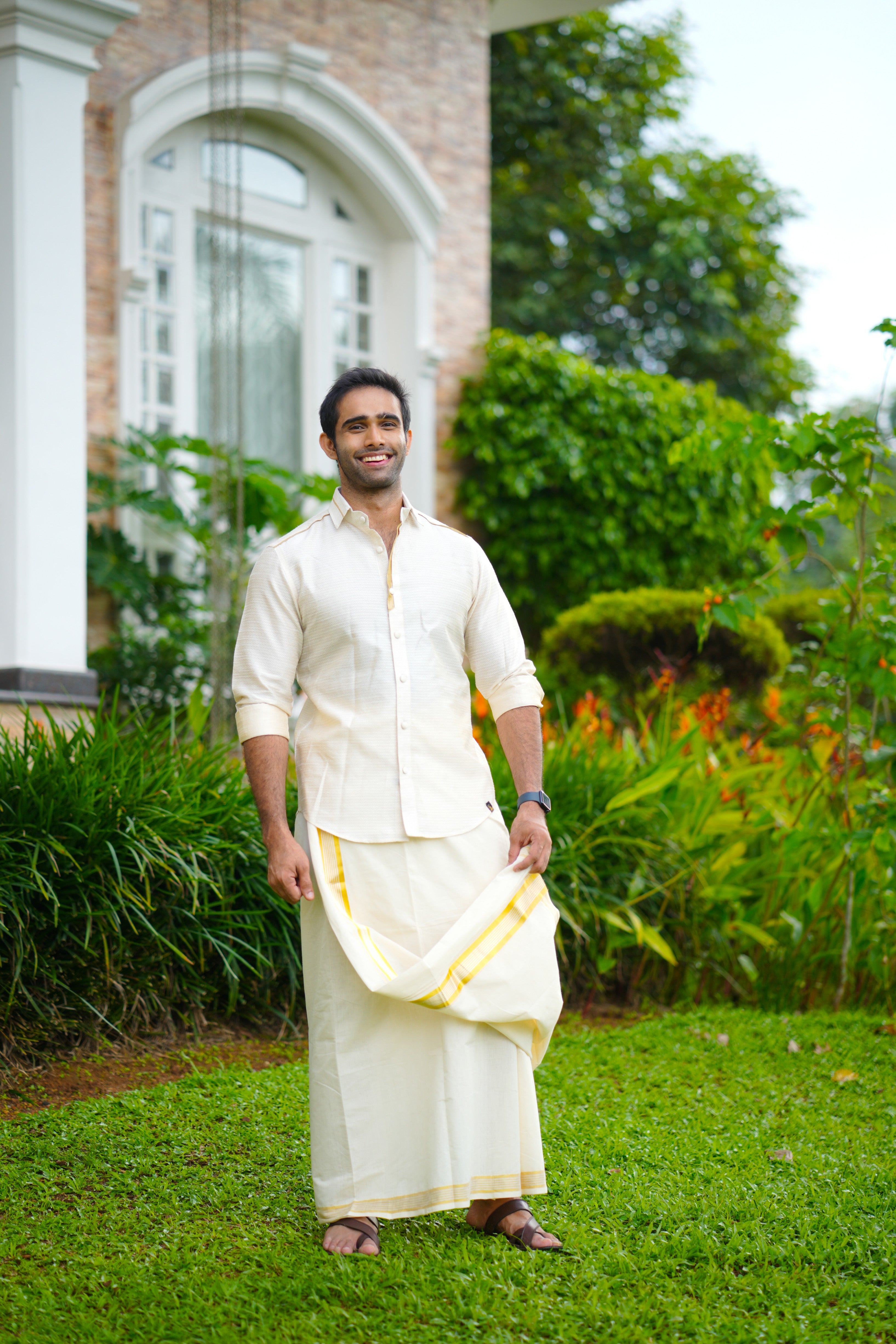 Off White Dotted Silk Cutaway Collar Shirt with Gold Zari Detailing (Shirt Only)